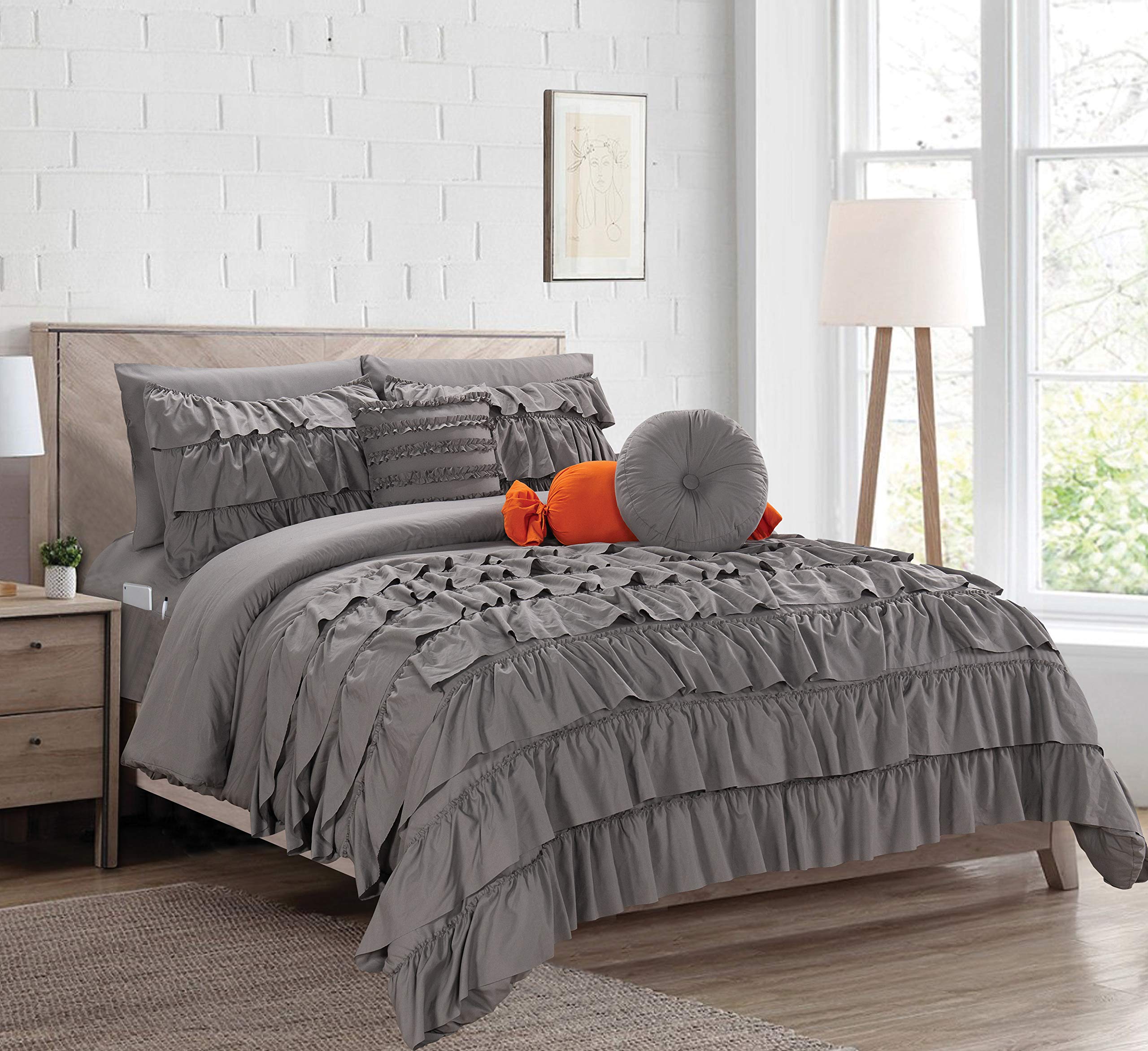 Luxury 10-Piece Bed-in-a-Bag Comforter Set - Ultra Soft & Cozy Cindyrealla Bedding with Ruffled Design, Includes Sheet Set (Full/Queen Size, Grey) - Perfect for Master Bedrooms, Guest Rooms & Cozy Retreats