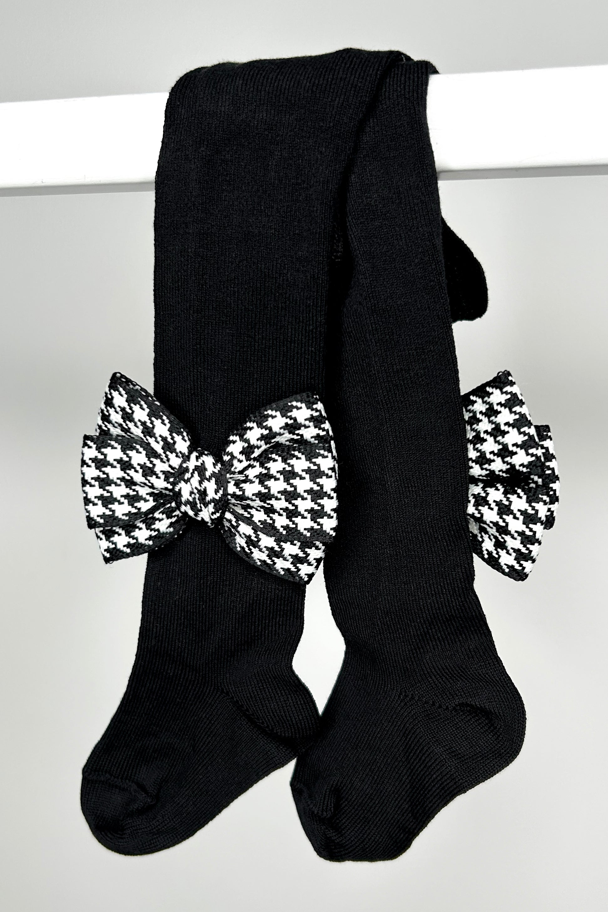 Black Houndstooth Bow Tights for Women - Elegant Patterned Tights with Bow Detail - Perfect for Parties, Weddings & Formal Occasions