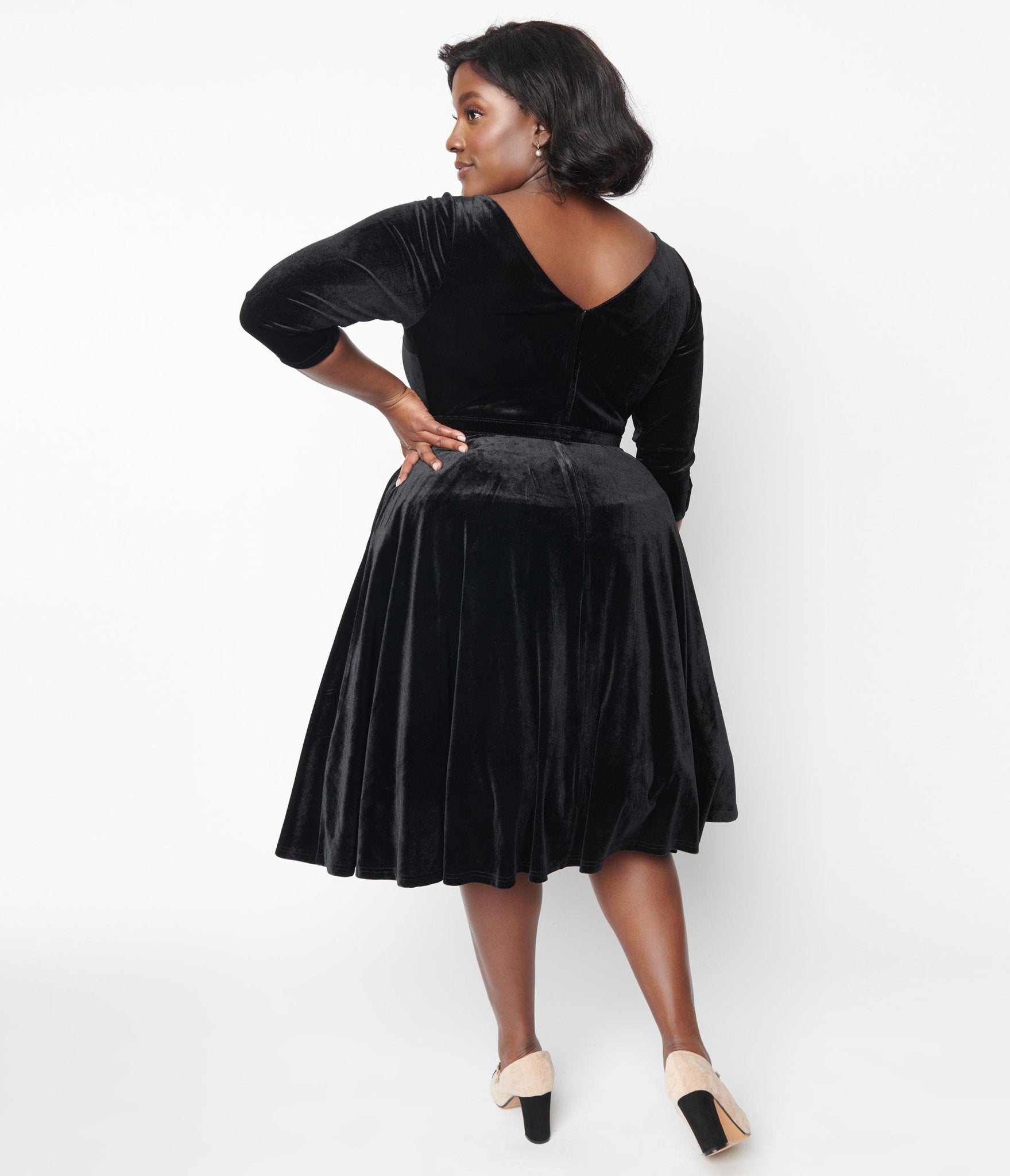 Vintage Black Velvet Swing Dress with Faux Bow - Elegant Devon Style for Parties, Weddings & Special Occasions