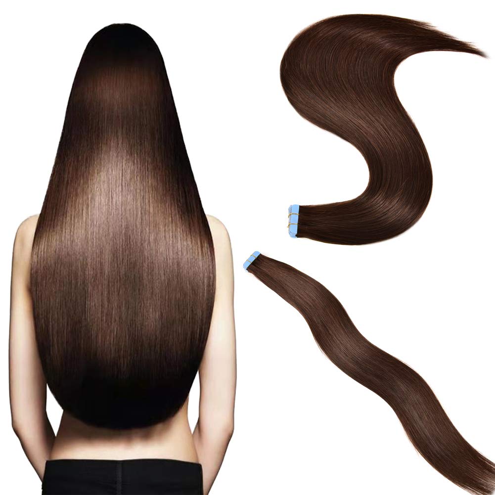 20 Inch Tape in Hair Extensions Human Hair - 12 Pieces Skin Weft Straight Thick Natural Hair Extensions with 20pcs Replacement Tape (50g, Darkest Brown #2) for Daily Styling, Volume Boost & Special Occasions