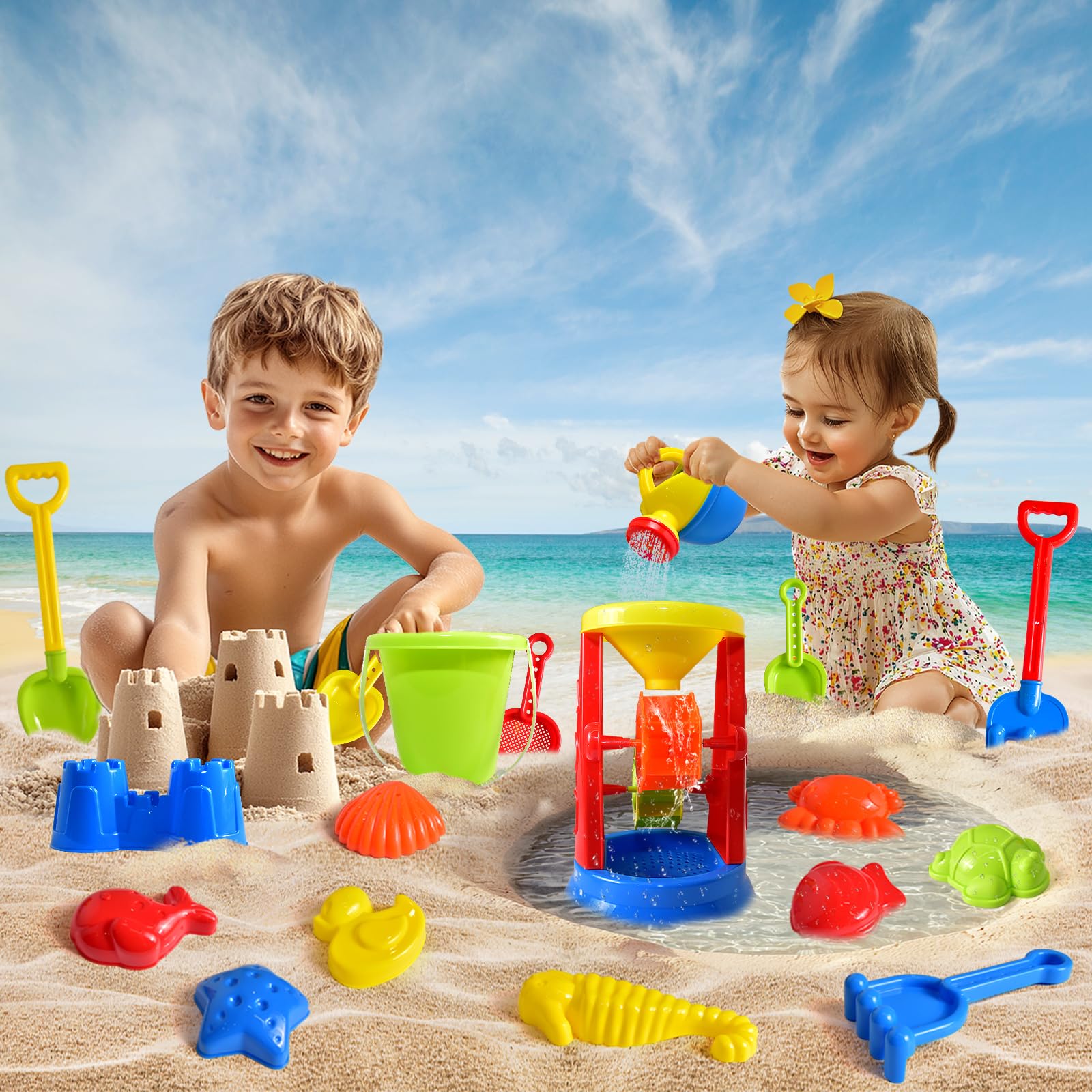 19-Piece Beach Toys Set for Kids - Sandbox Toys with Water Wheel, Bucket, Watering Can, Molds & Mesh Bag - Perfect for Travel & Outdoor Play - Ages 3-13