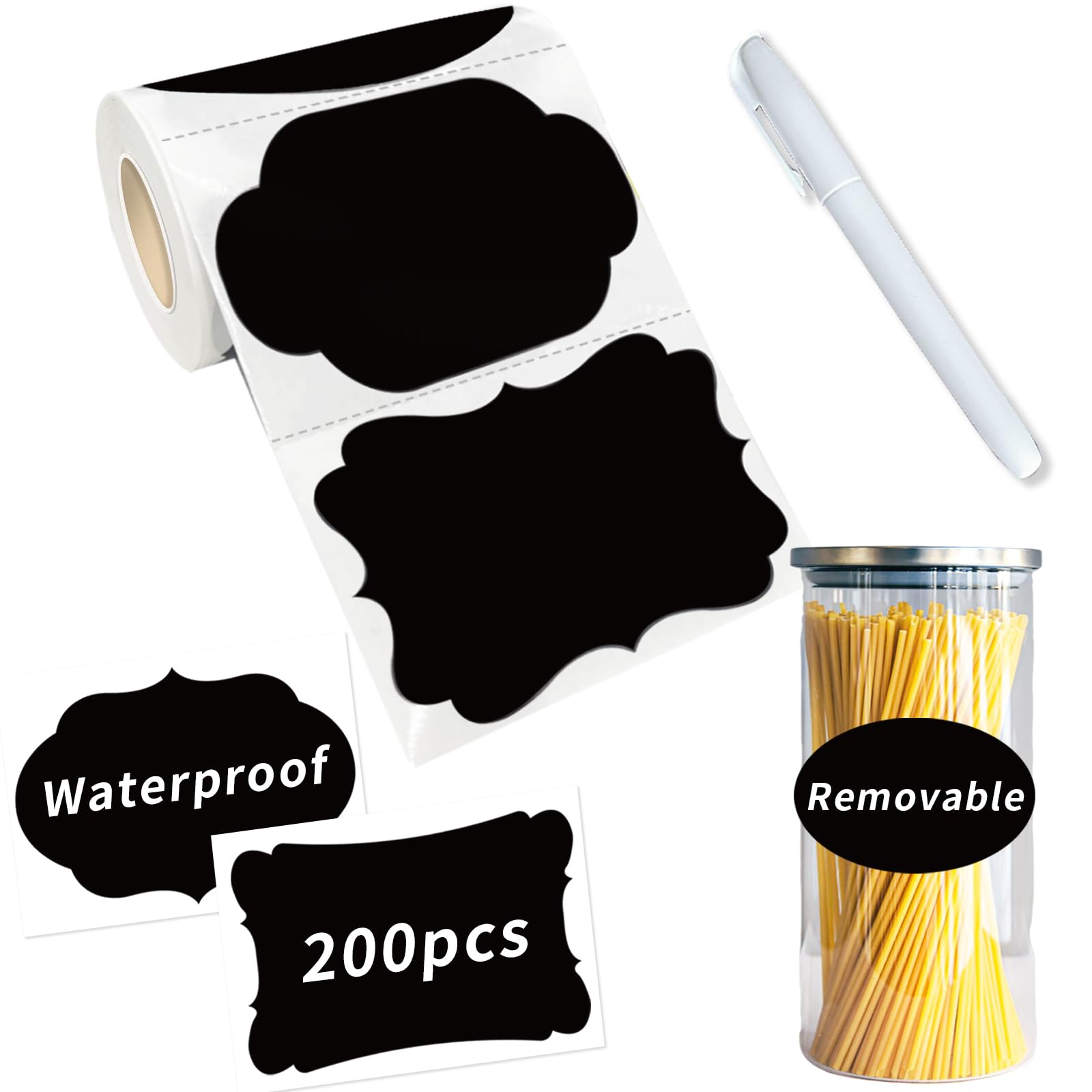 Starboling Chalkboard Labels - 200 Pcs 3x2 Inch Reusable Waterproof Blackboard Stickers with White Chalk Marker for Jars, Bottles & Storage Bins - Perfect for Kitchen Pantry Organization, Classroom Supplies & Home Decor Labeling