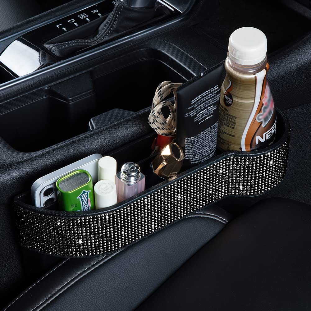 Bling Car Seat Side Drop Filler Organizer - 2-Pack Seat Pockets with Cup Holder & 4-Pack Headrest Hooks - Black Car Storage for Handbags, Clothes, Coats & Grocery Bags | Perfect for Road Trips, Family Travel & Daily Commutes