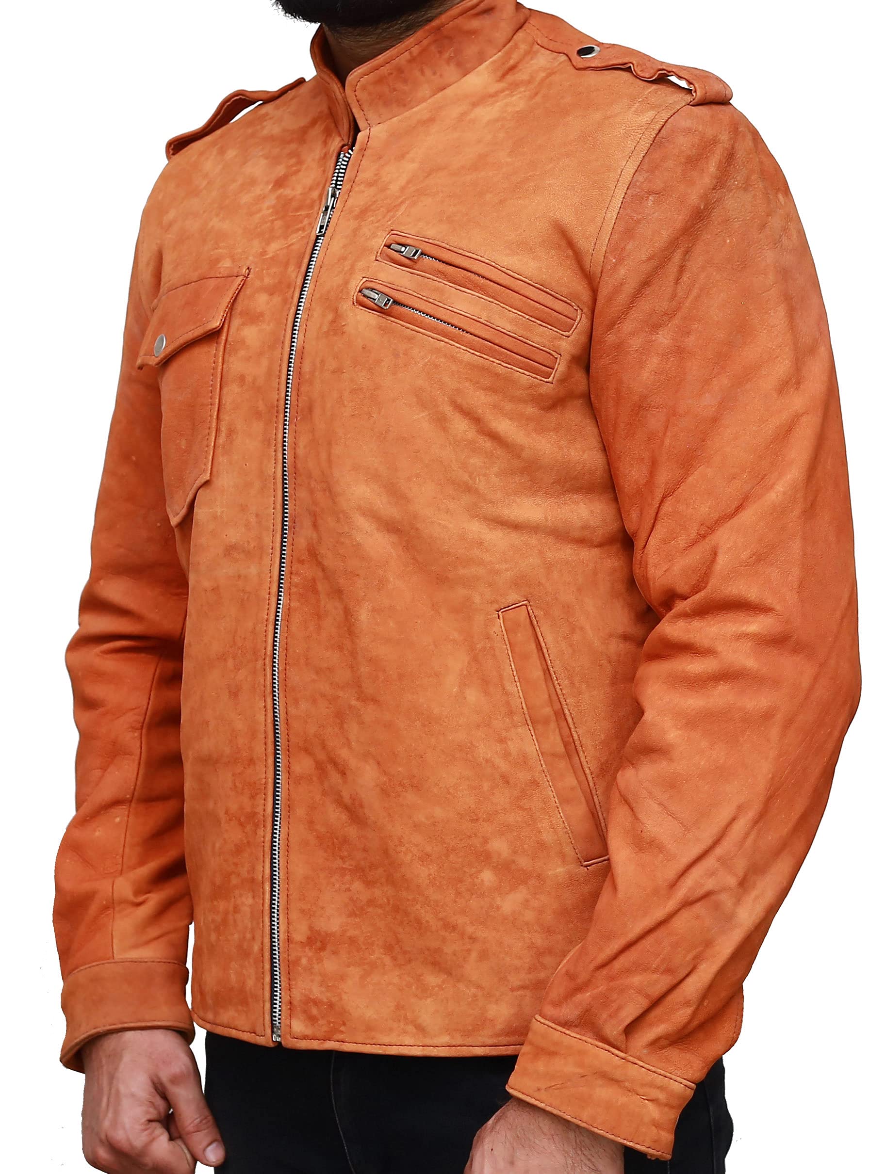 Men's Cafe Racer Jacket - Premium Goat Suede Leather Motorcycle Jacket in Tan Brown | Vintage Biker Style for Riding & Casual Wear