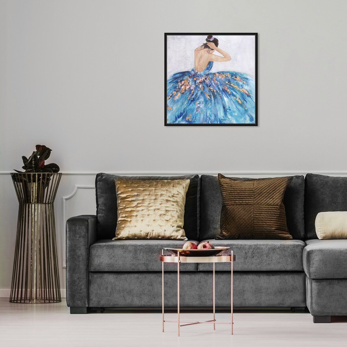 Elegant Princess Dress Glam Blue Framed Canvas Wall Art Print - Blue & Festive Home Decor for Bedroom, Living Room, Nursery | Perfect Gift for Girls, Women & Teens