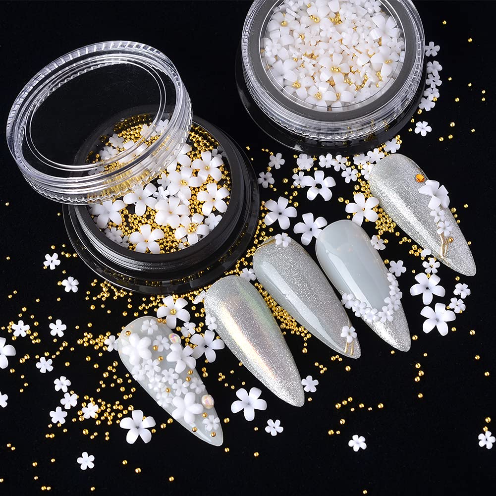 3D Flower Nail Charms & Metal Caviar Beads Set - Acrylic Resin Floral Nail Art Decorations with Gold Silver Ball Beads for DIY Nail Design | Perfect for Manicures, Nail Extensions & Creative Nail Art Projects
