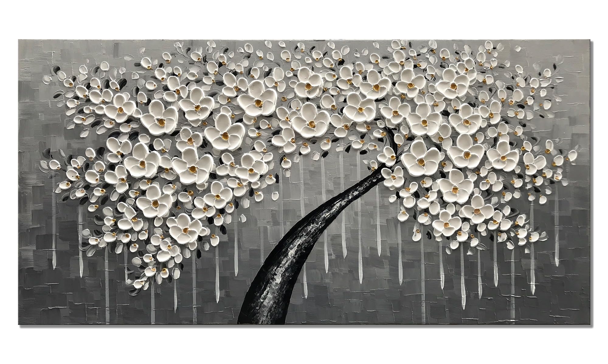 Zoinart Hand-Painted 3D Oil Painting on Canvas - 48x24 Inches Abstract White Floral Textured Grey Wall Art - Large Modern Contemporary Artwork for Living Room, Bedroom, Office Decor - Perfect for Home & Interior Design