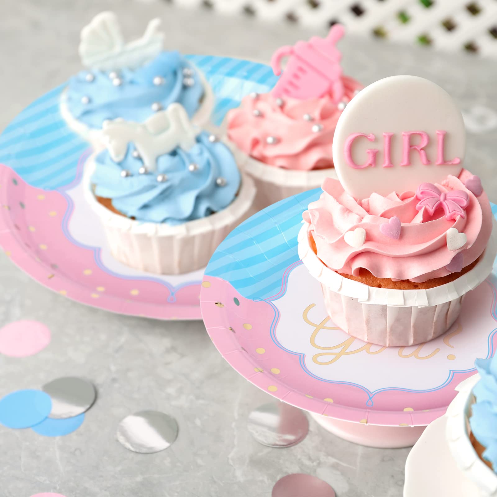 DECORLIFE Gender Reveal Party Plates Set for 24 Guests - Includes 96PCS of Plates, Napkins & Forks - Perfect for Baby Shower, Gender Reveal Celebrations & Special Occasions - Blue & Pink Theme Party Supplies
