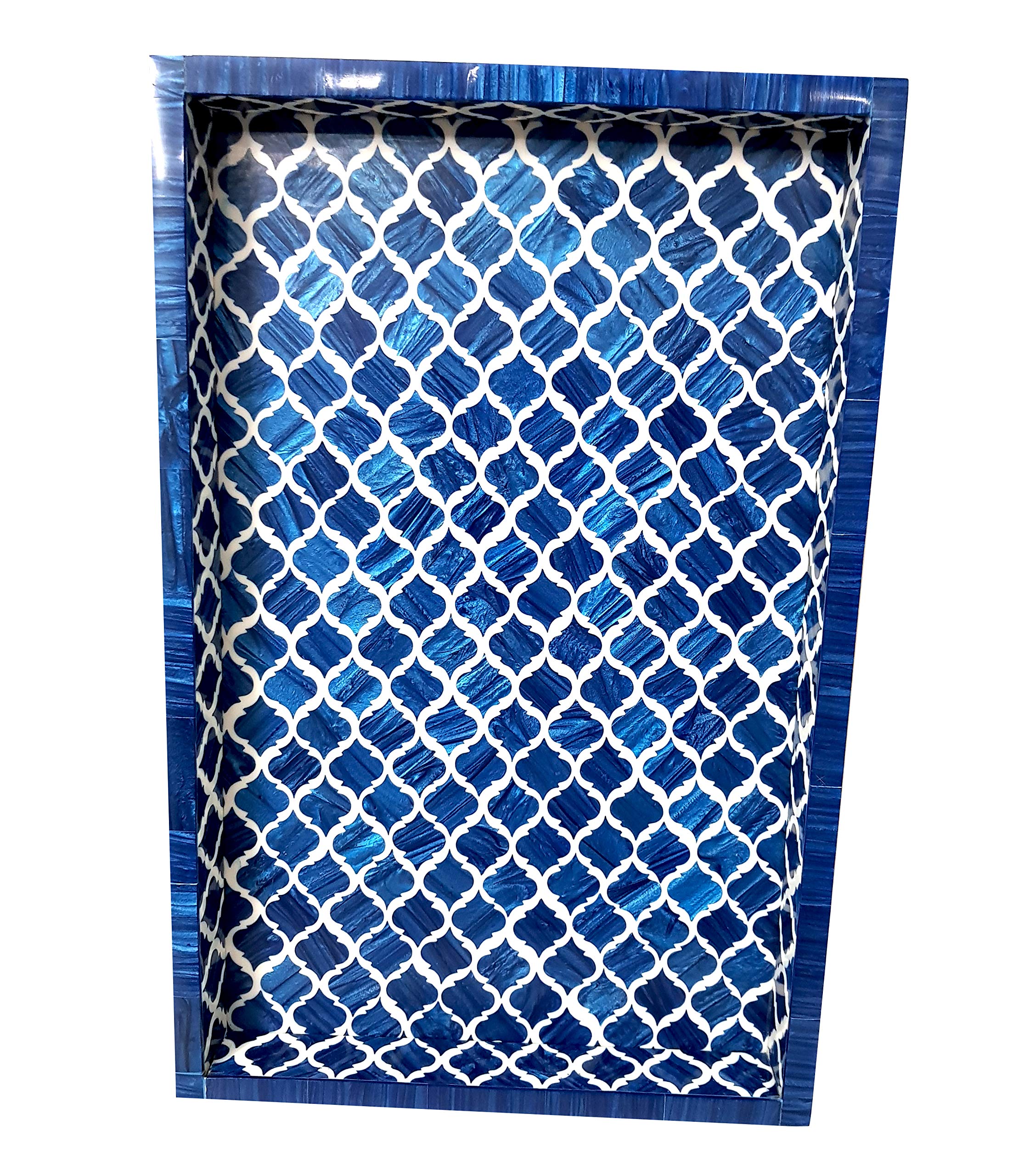 Handcrafted Blue & White Moorish Moroccan Bone Inlay Serving Tray - Multipurpose Decorative Tray for Breakfast, Tea, Coffee & Snacks - Perfect for Home Decor, Dining, and Gift Giving