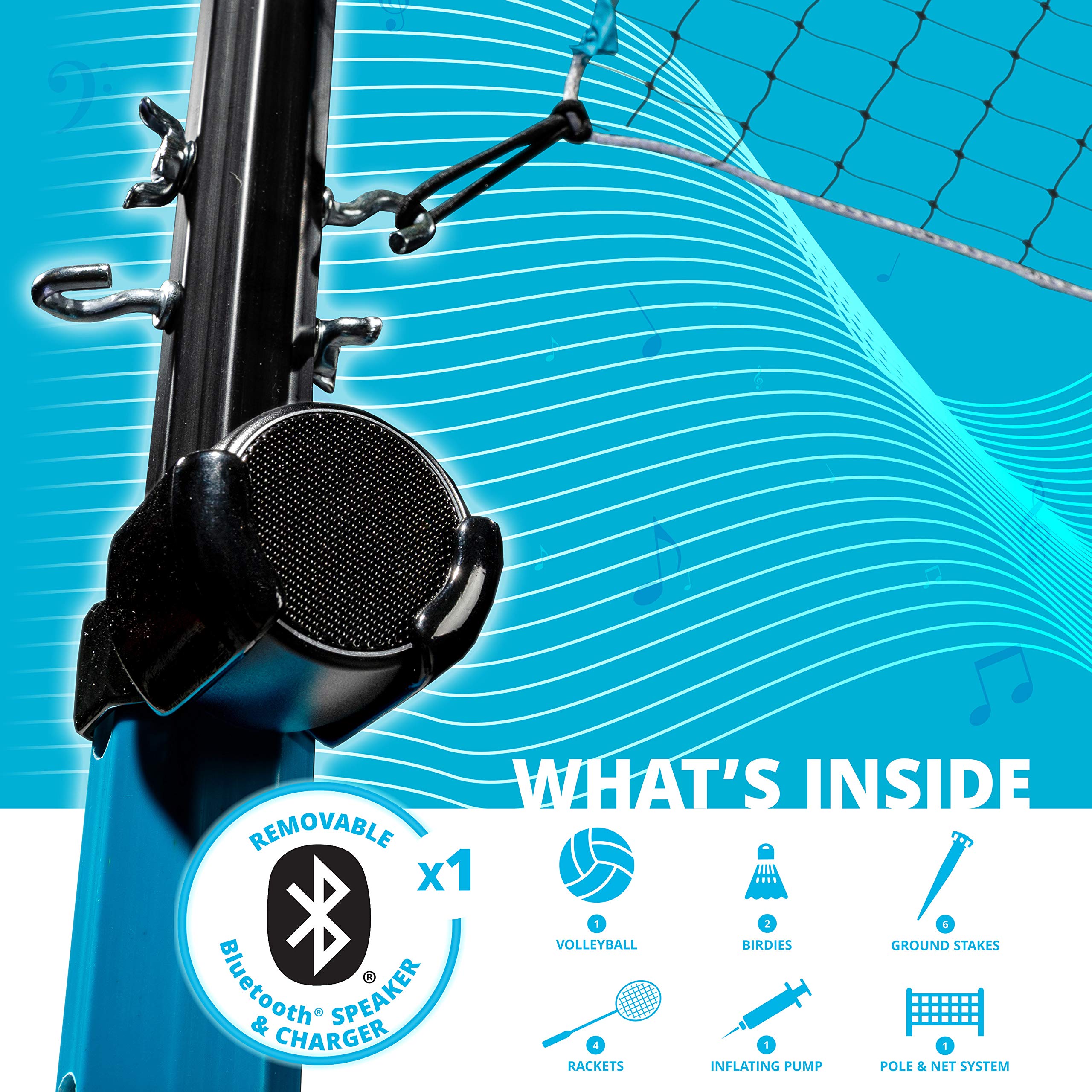 Franklin Sports Beach & Backyard Volleyball Badminton Combo Set with Bluetooth Speaker - Portable Net, Poles, Pump & Carry Bag for Outdoor Family Fun & Backyard Games