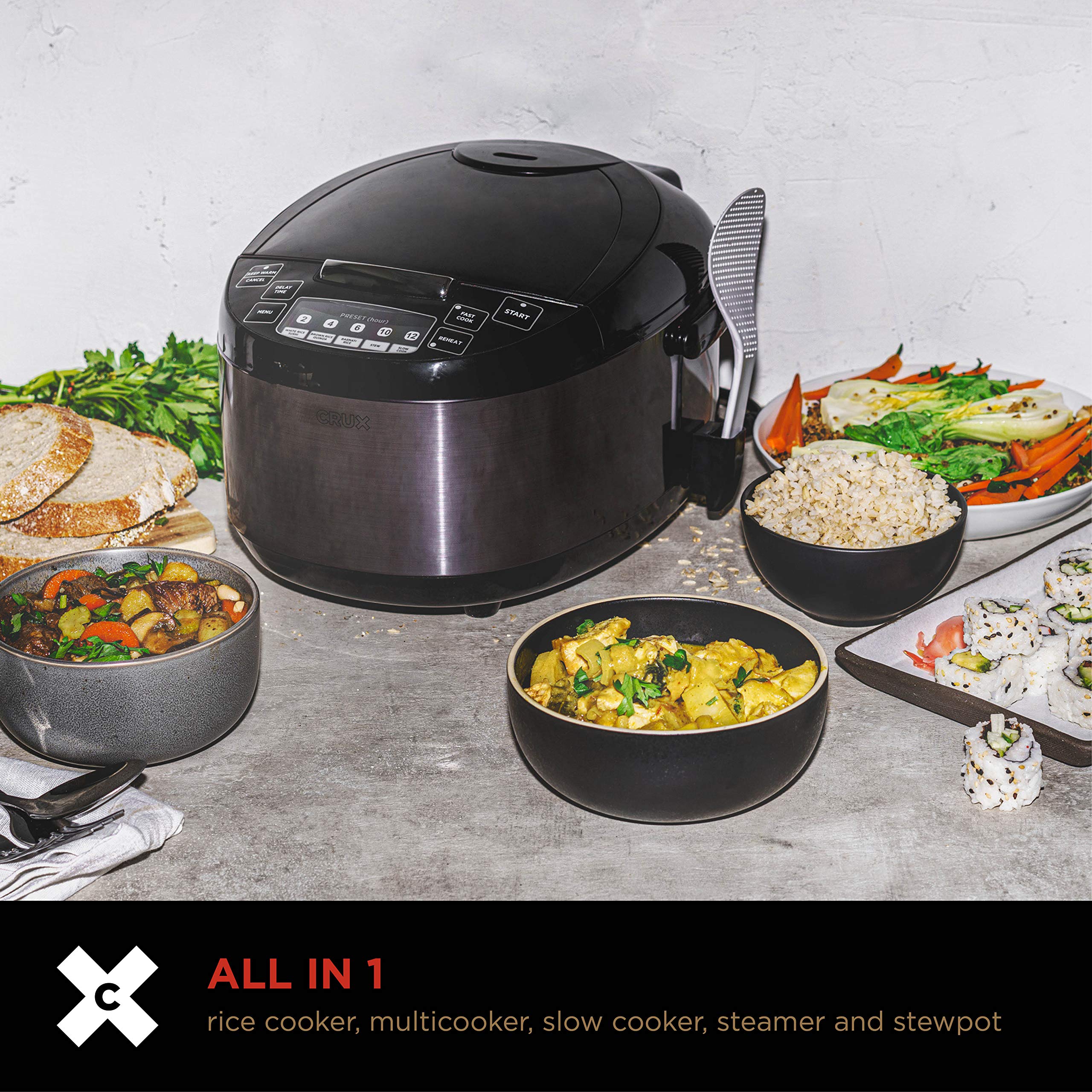 **Crux 12-Cup Multi-Functional Rice Cooker & Food Steamer – Slow Cooker, Stewpot, Non-Stick Bowl, Dishwasher Safe – Perfect for Healthy One-Pot Meals, Meal Prep & Family Dinners (Black)**