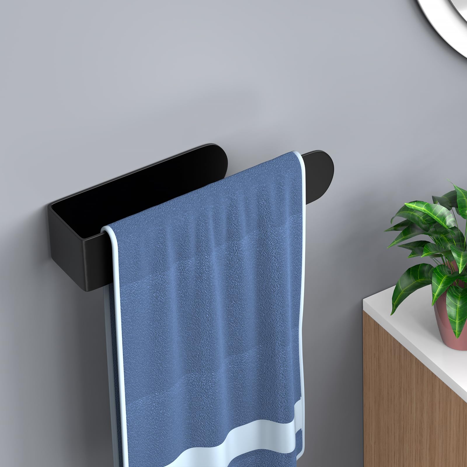 HUFEEOH Black Stainless Steel Self-Adhesive Hand Towel Holder - Wall Mount Bathroom Towel Bar for Kitchen, Bath & Dorm - No Drill Easy Installation