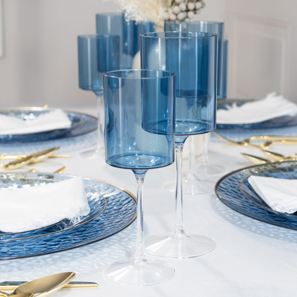 Two Tone 14 Oz Blue/Clear Plastic Wine Goblets - Set of 5 Shatterproof Cups for Outdoor Parties, Picnics, and Poolside Drinks