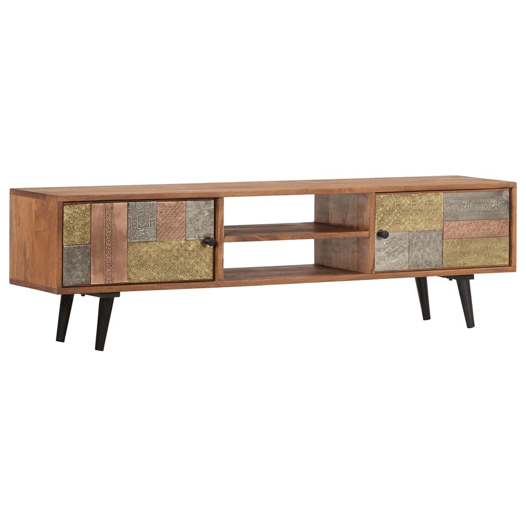 Modern Farmhouse TV Stand with 2 Cupboards & Open Shelf - 55 Inch Solid Acacia Wood Entertainment Center for Living Room (55