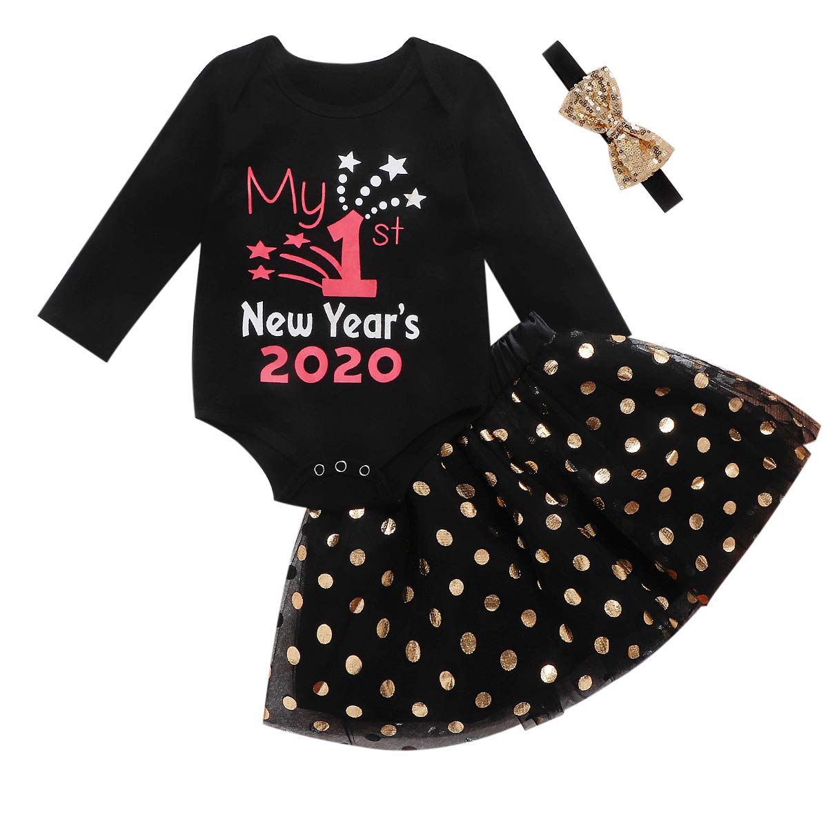 Newborn Baby Girl's New Year Printed Romper Set - Long Sleeve Bodysuit with Knit Skirt & Headband - Perfect for Holiday Photos, Christmas Gifts & Special Occasions
