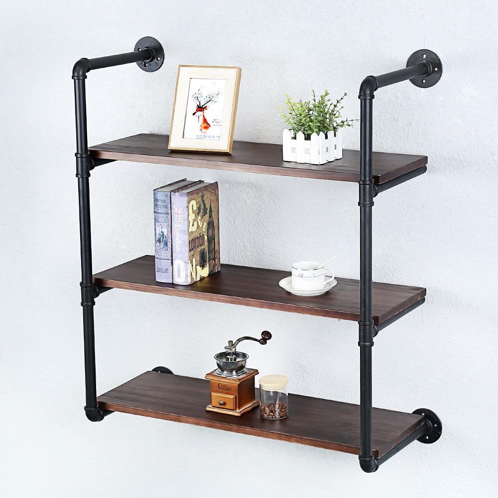 Industrial Pipe Shelving Wall Mounted - 30 Inch Rustic Metal Floating Shelves with Real Wood - Steampunk Bookshelf for Farmhouse Kitchen & Bar (3 Tier) - Perfect for Home Office, Living Room & Bedroom Storage