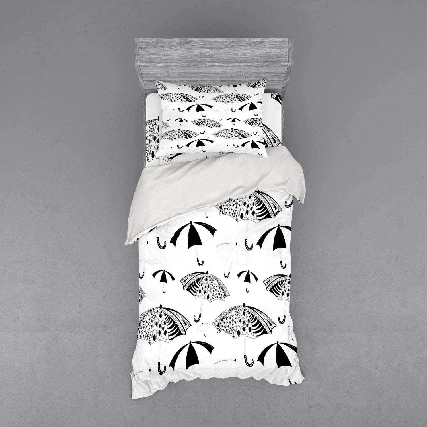 Ambesonne Black and White 3-Piece Bedding Set - Twin XL Duvet Cover with Sham & Fitted Sheet | Ornate Umbrella Minimalist Stripes Floral Design | Perfect for Modern Bedrooms, Guest Rooms & Dorm Decor