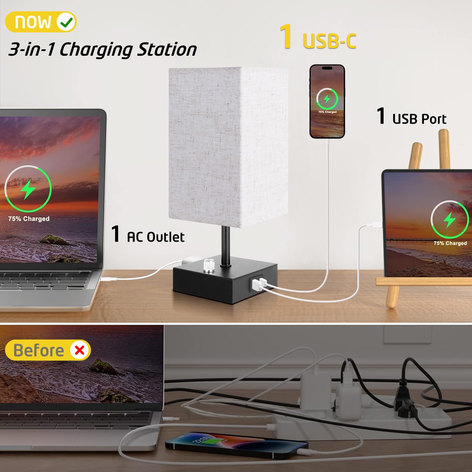 2-Pack Dimmable Bedside Lamps with USB-C/A Ports & AC Outlet - Modern Square Beige Fabric Shade & Black Metal Base Nightstand Lamps (LED Bulbs Included) for Bedroom, Kids Room, Nursery & Home Office Lighting