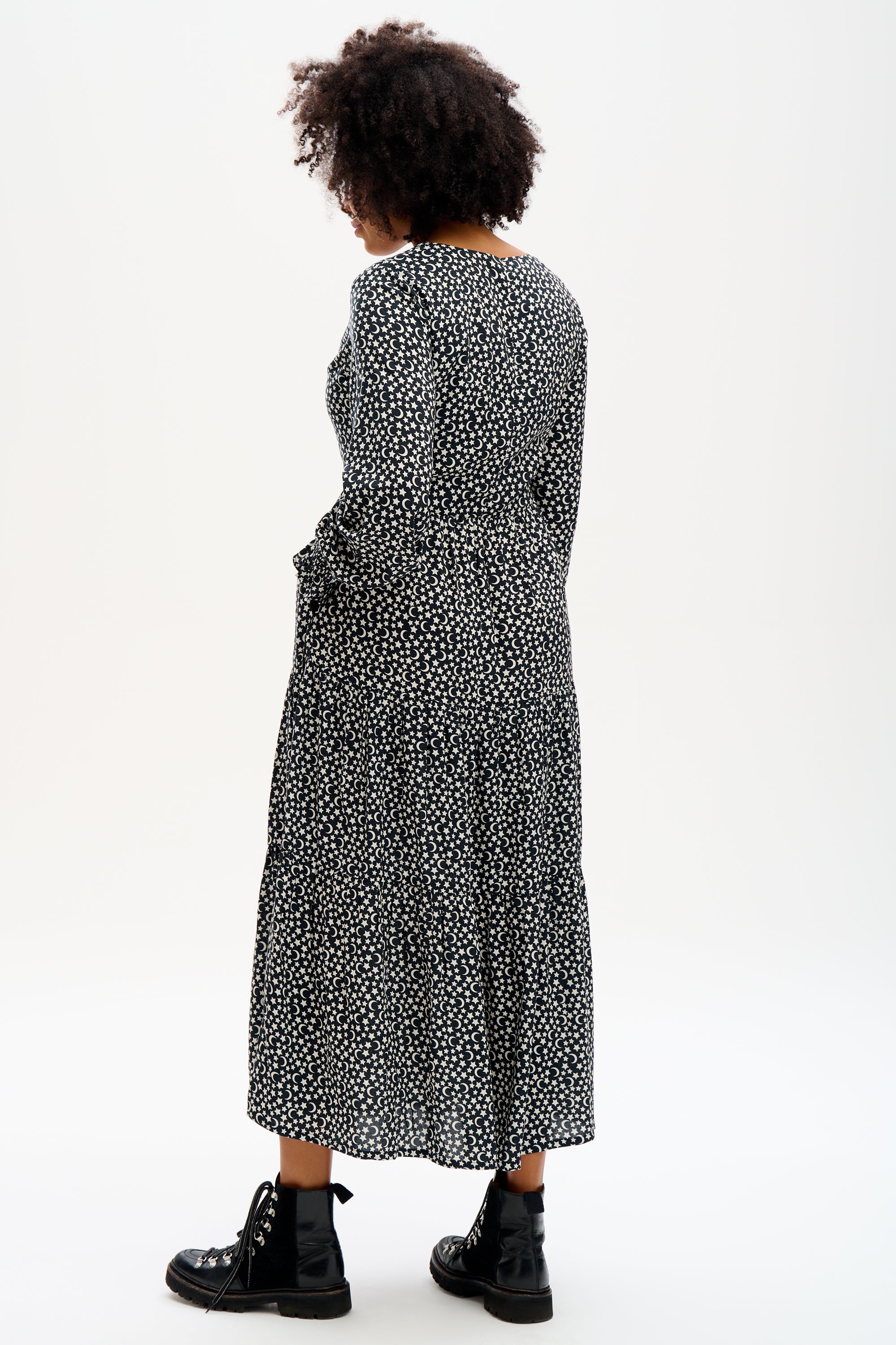 Nola Tiered Maxi Dress - Monochrome Moons & Stars Print | Flowy Summer Dress for Beach, Vacation & Boho Fashion