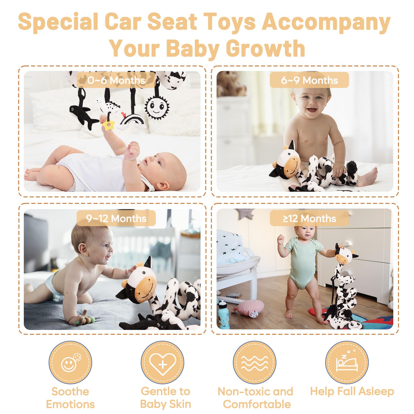 Soft Spiral Car Seat Toys for Babies 0-6 Months - Cute Cow Stroller Activity Toy with Rattles, Sun Mirror & Rainbow Cloud - Perfect Infant Car Seat Hanging Toy for Newborn Gifts | Great for Strollers, Car Rides & Playtime