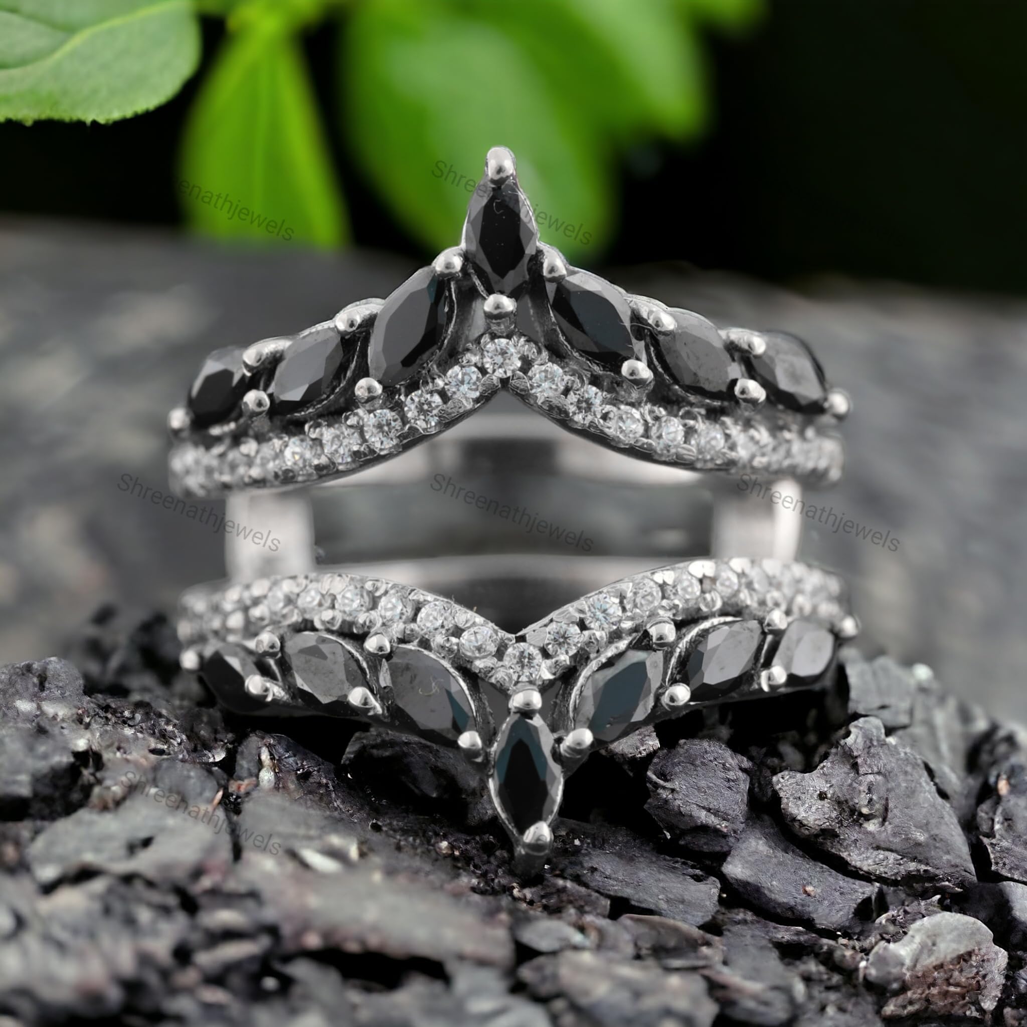 Black Onyx Wedding Band Enhancer Ring - Rose Gold Marquise Bridal Ring with CZ Diamonds | Unique Anniversary, Birthday Gift for Her | Perfect for Weddings, Engagements & Special Occasions | by SHREENATJEWELRY