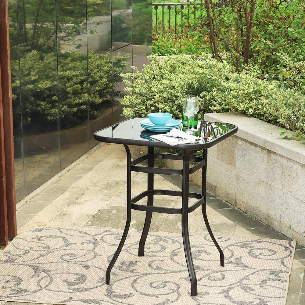 PHI VILLA 36 Inch Outdoor Bar Table - Black Metal Frame with Tempered Glass Top - Tall Patio Bistro Table for Garden, Poolside, Deck or Balcony - Weather-Resistant High Top Dining Table for Outdoor Entertaining