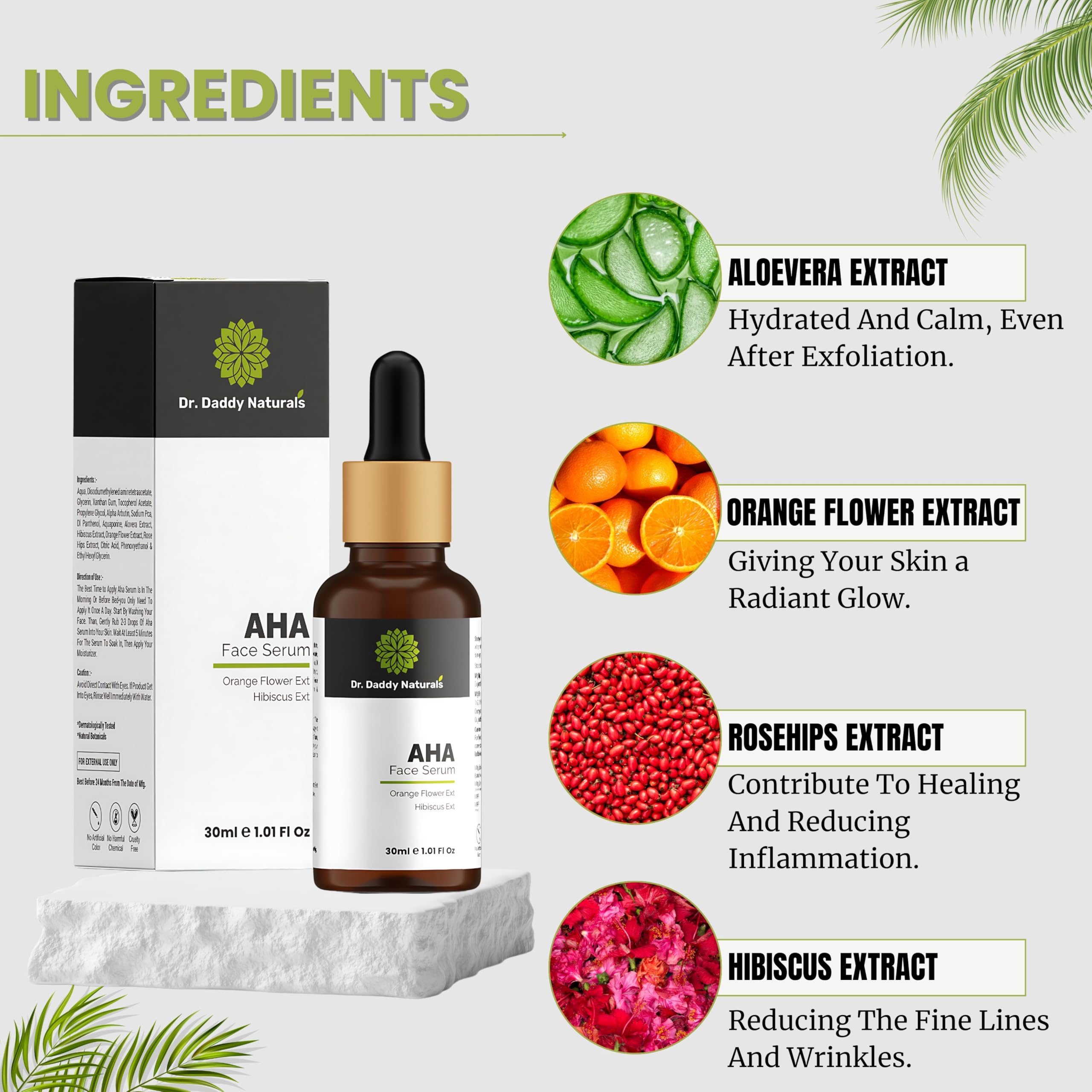 Dr. Daddy Naturals AHA Face Serum with Orange Flower & Hibiscus Extract - Acne Spot Treatment for Clear Skin, Brightening & Smoothing - Suitable for Normal, Oily, Dry & Combination Skin - Paraben & Sulfate Free, Fragrance Free - 30ml - Perfect for Daily Skincare Routine & Nighttime Skin Repair