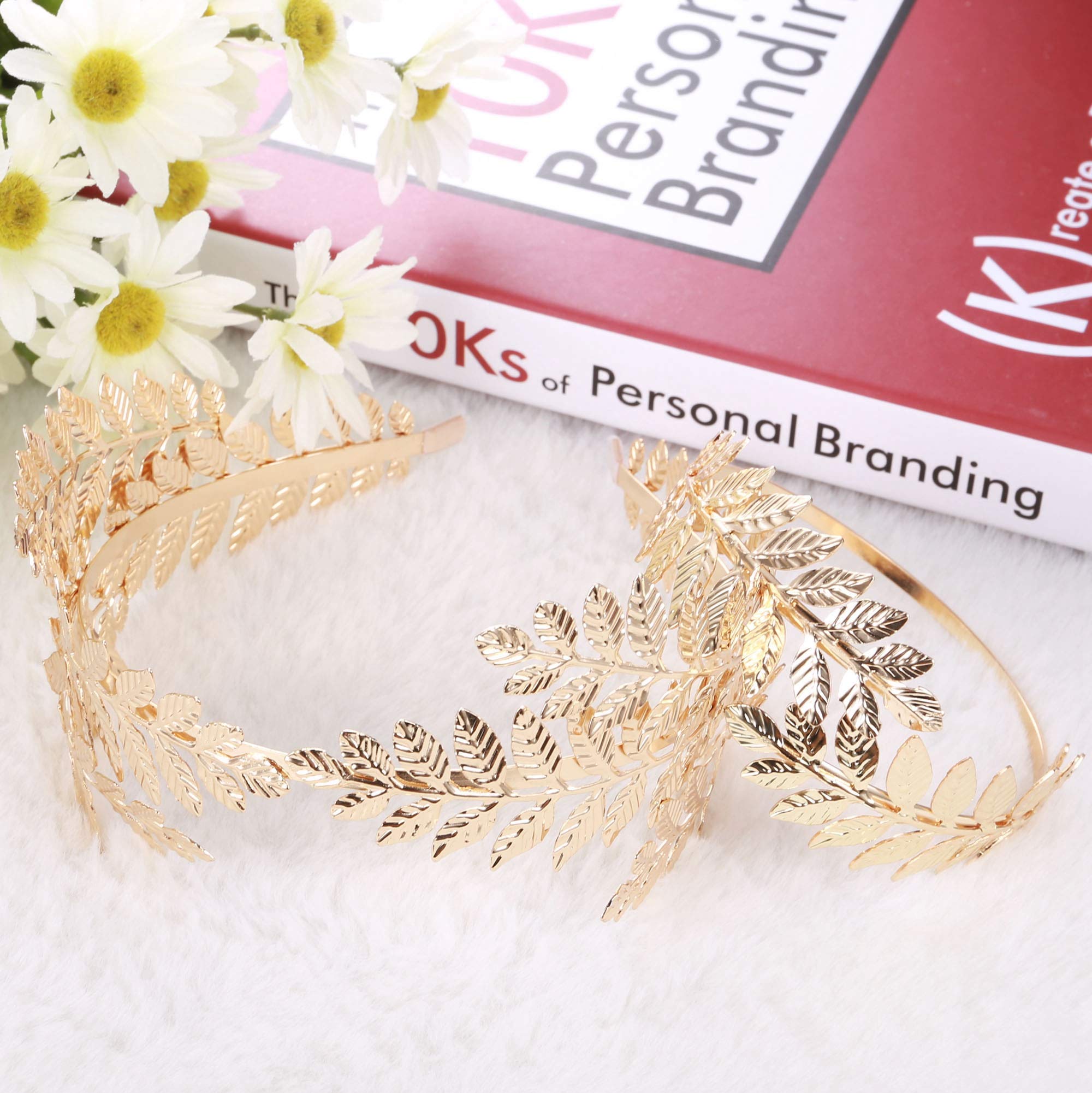 FINREZIO Greek Goddess Headband & Arm Cuff Jewelry Set - Roman Laurel Leaf Crown & Adjustable Armlet Bracelet for Bridal, Wedding, Cosplay & Festival Costume Accessories