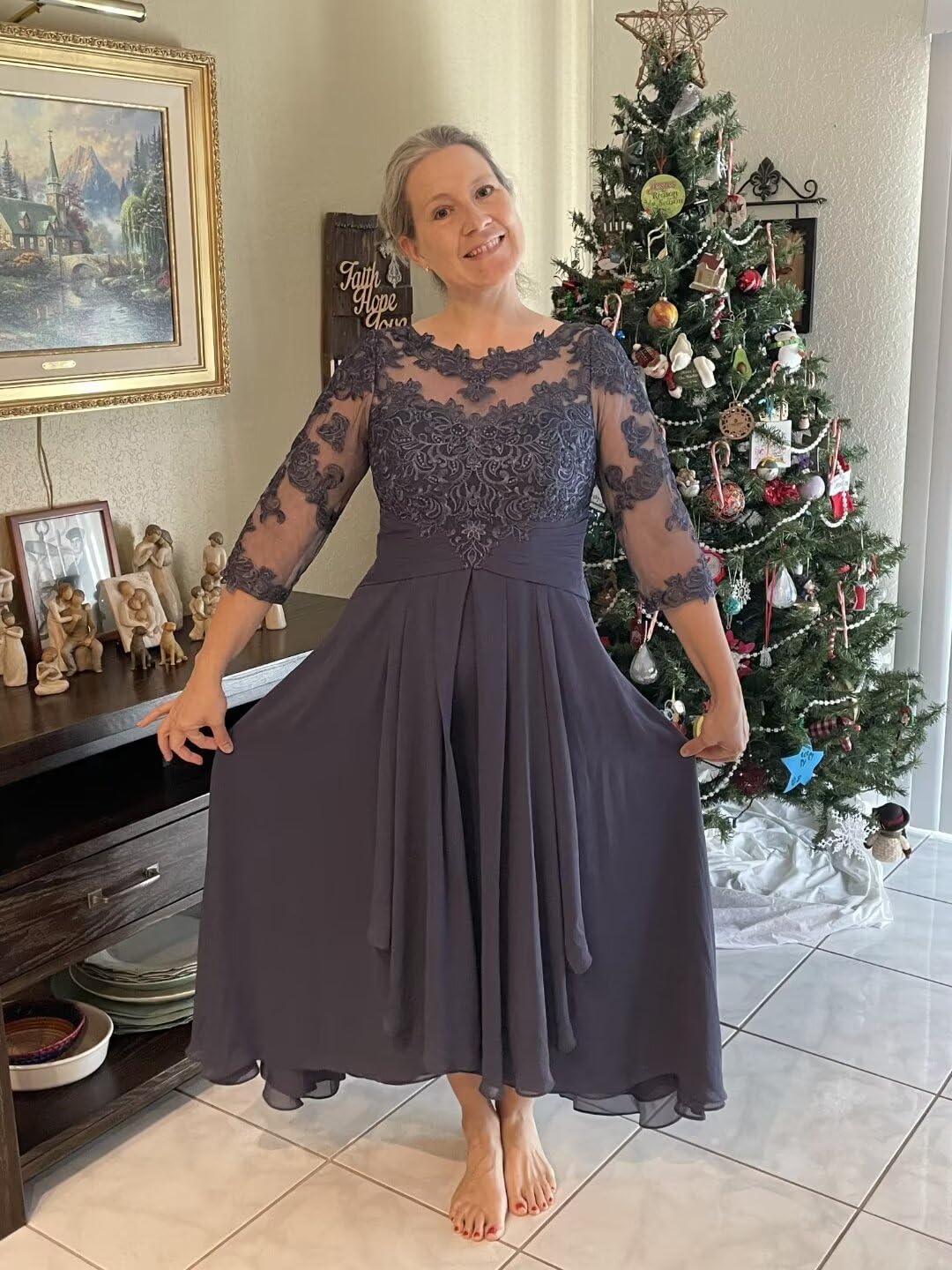 Elegant Tea-Length Mother of the Bride Dress with 3/4 Sleeve Lace & Chiffon - Formal Wedding Guest Gown for Special Occasions - Perfect for Weddings, Receptions & Evening Events