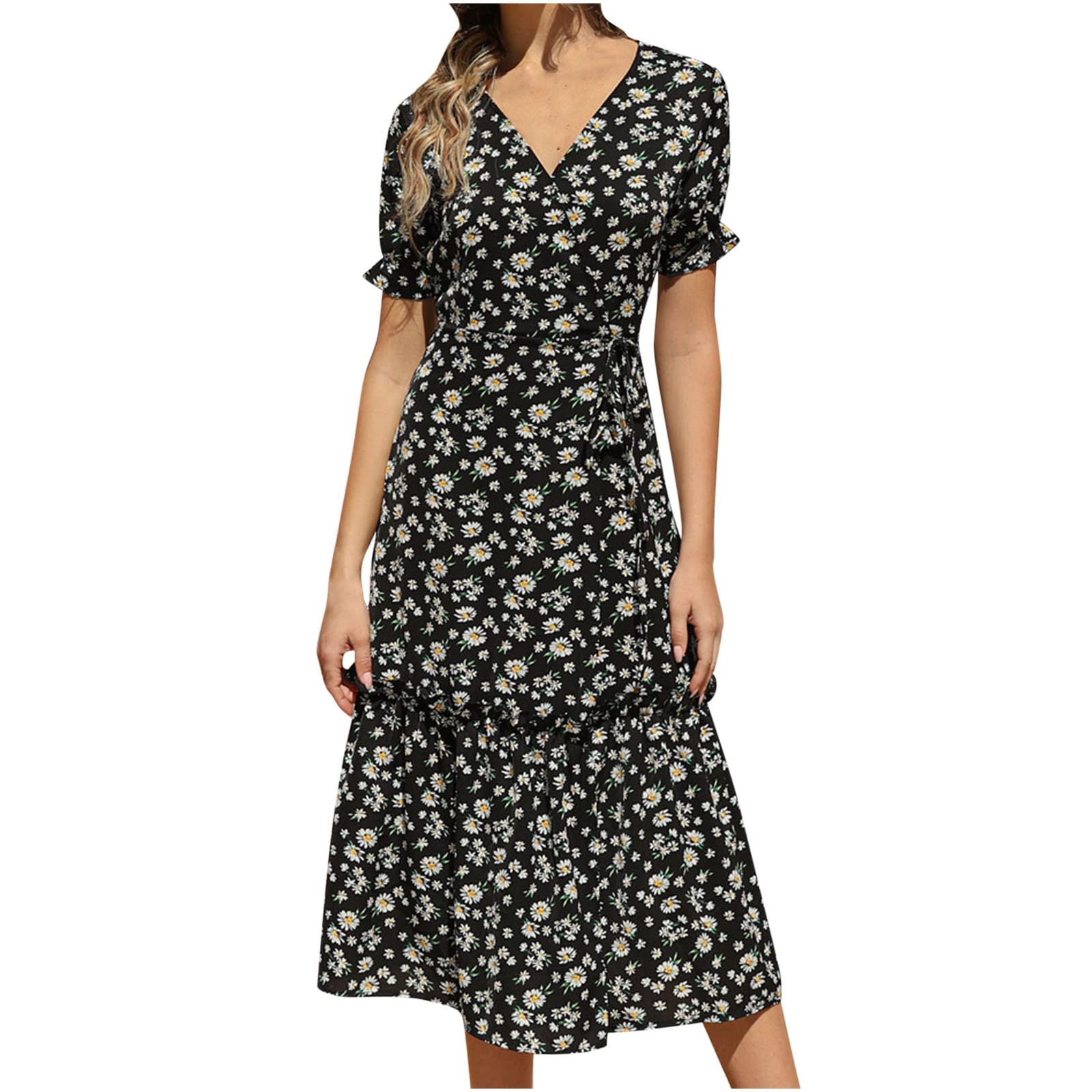 2023 Women's Summer Dresses - Floral Chiffon V-Neck Boho Beach Dress with Short Sleeves | Casual Wedding Guest Outfit & Vacation Wear | Perfect for Beach Parties, Bridal Showers, and Summer Travel
