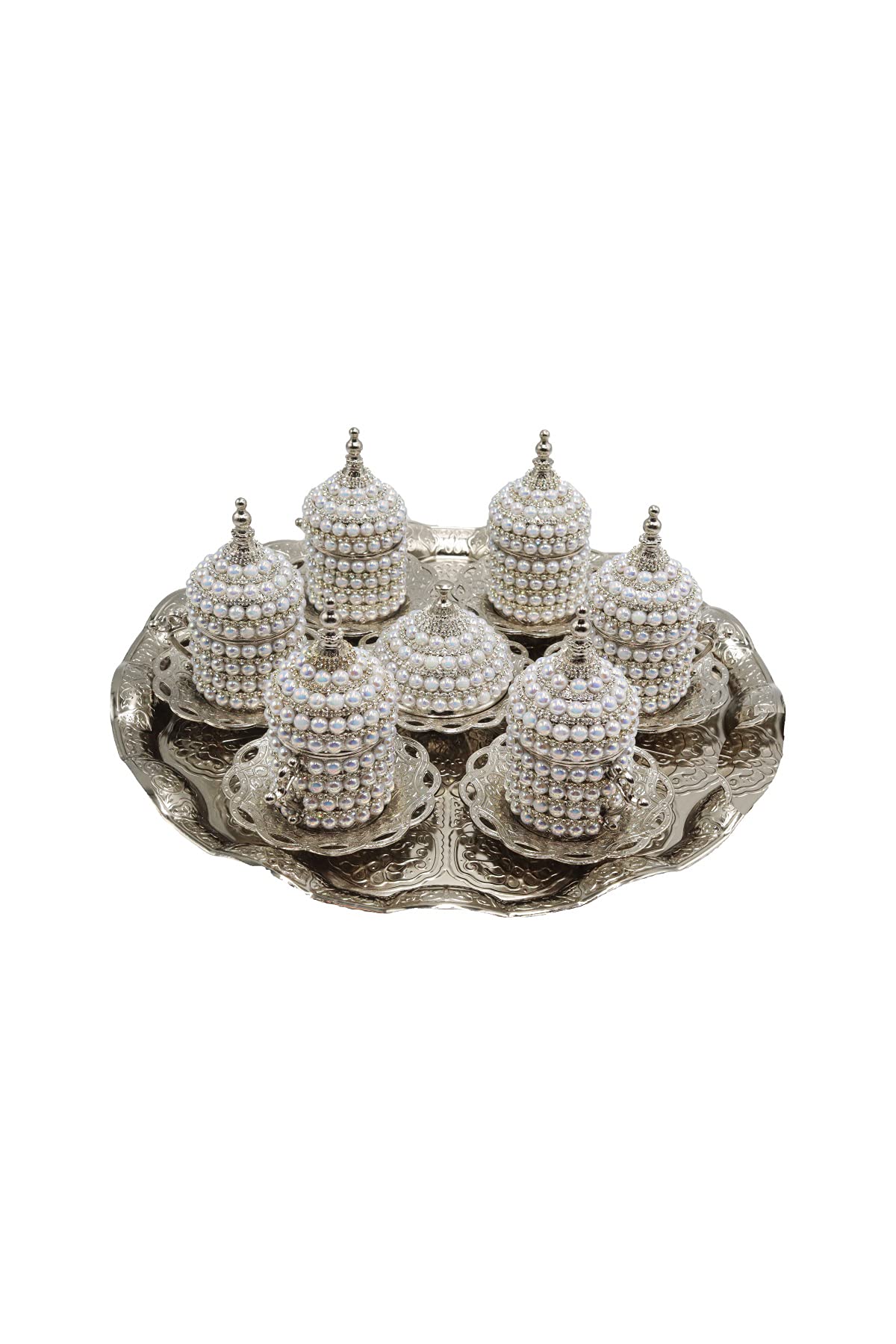 Premium Turkish Espresso Coffee Cups Set of 6 - Pearl Coated Silver Ottoman Arabic Greek Coffee Cups with Teapot & Ewer - Perfect for Home, Cafe & Gift Giving
