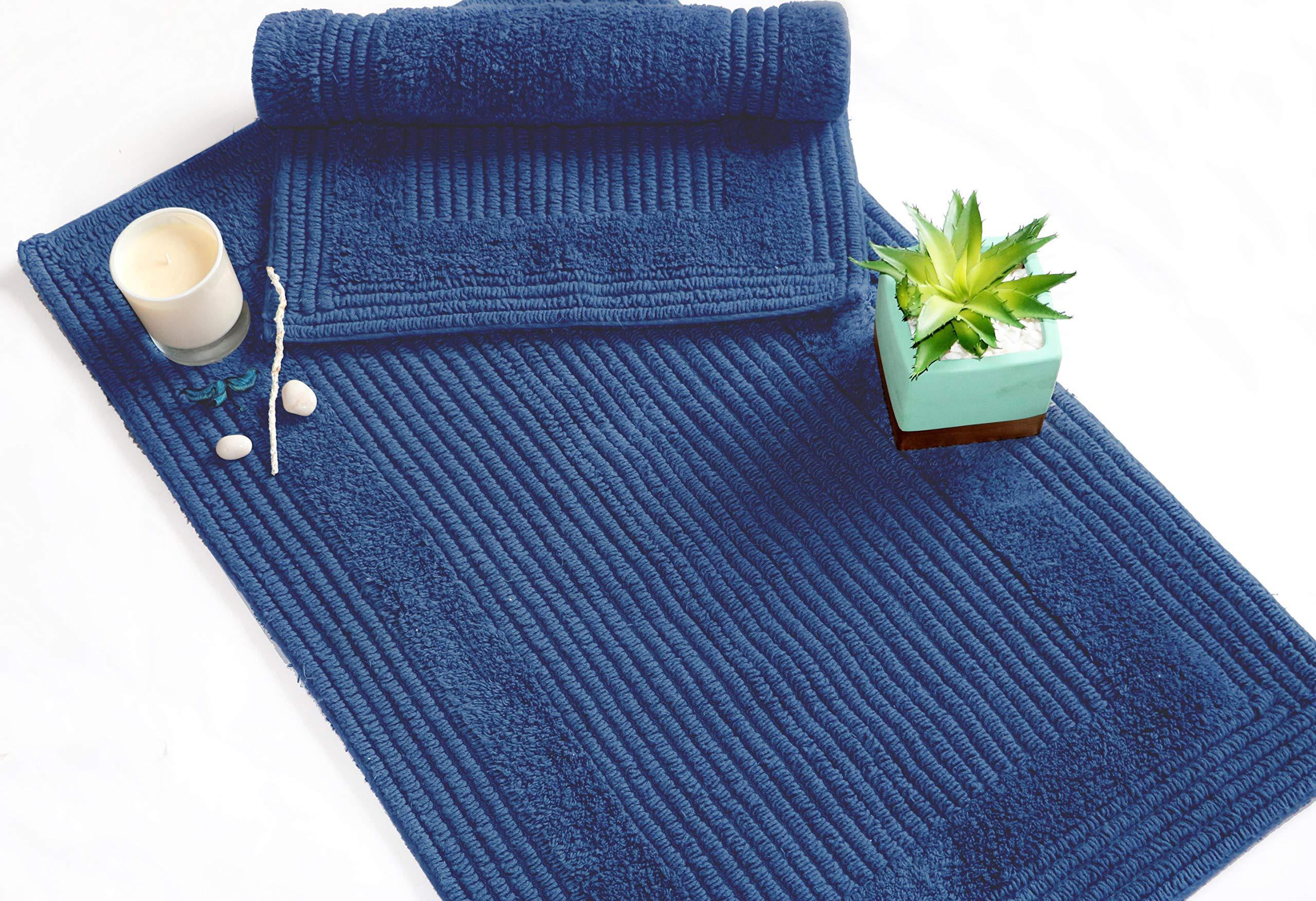Luxury Reversible Cotton Bath Rug - Super Soft & Absorbent Woven Bath Mat for Bathroom, Shower, Spa, Vanity - Machine Washable Non-Slip Floor Mat for Bedroom & Kitchen (Navy Lewis, 17