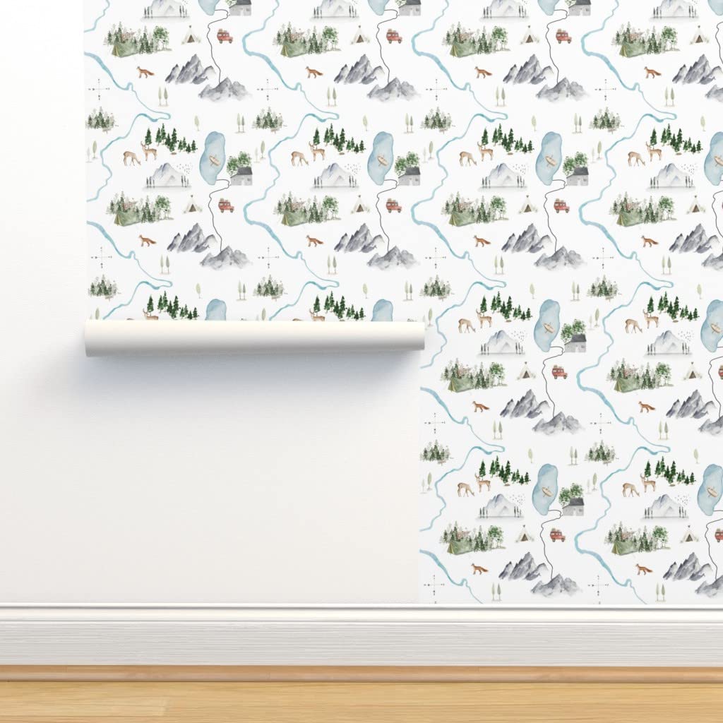 Premium Commercial Grade Wallpaper 27ft x 2ft - Watercolor Mountain Adventure Map with Deer and Fox Design for Camping & Woodland Themed Rooms | Perfect for Bedroom, Nursery, or Cabin Decor