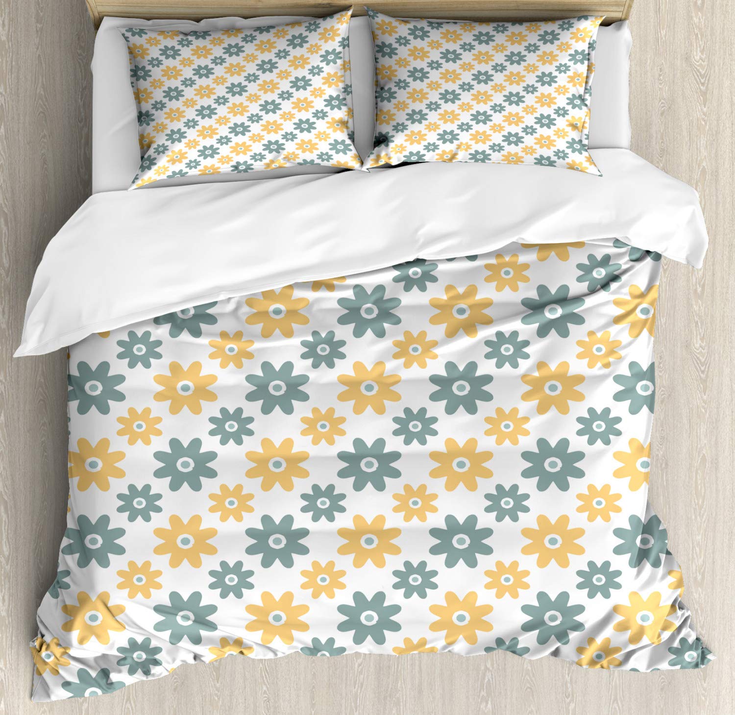 Ambesonne Garden Duvet Cover Set - King Size 2-Pack with 4 Pillowcases | Vibrant Wildflower Daisy Retro Print in Almond Green & Mustard | Spring Nature Themed Bedding for Cozy Home Decor | Perfect for Master Bedroom, Guest Room & Seasonal Refresh