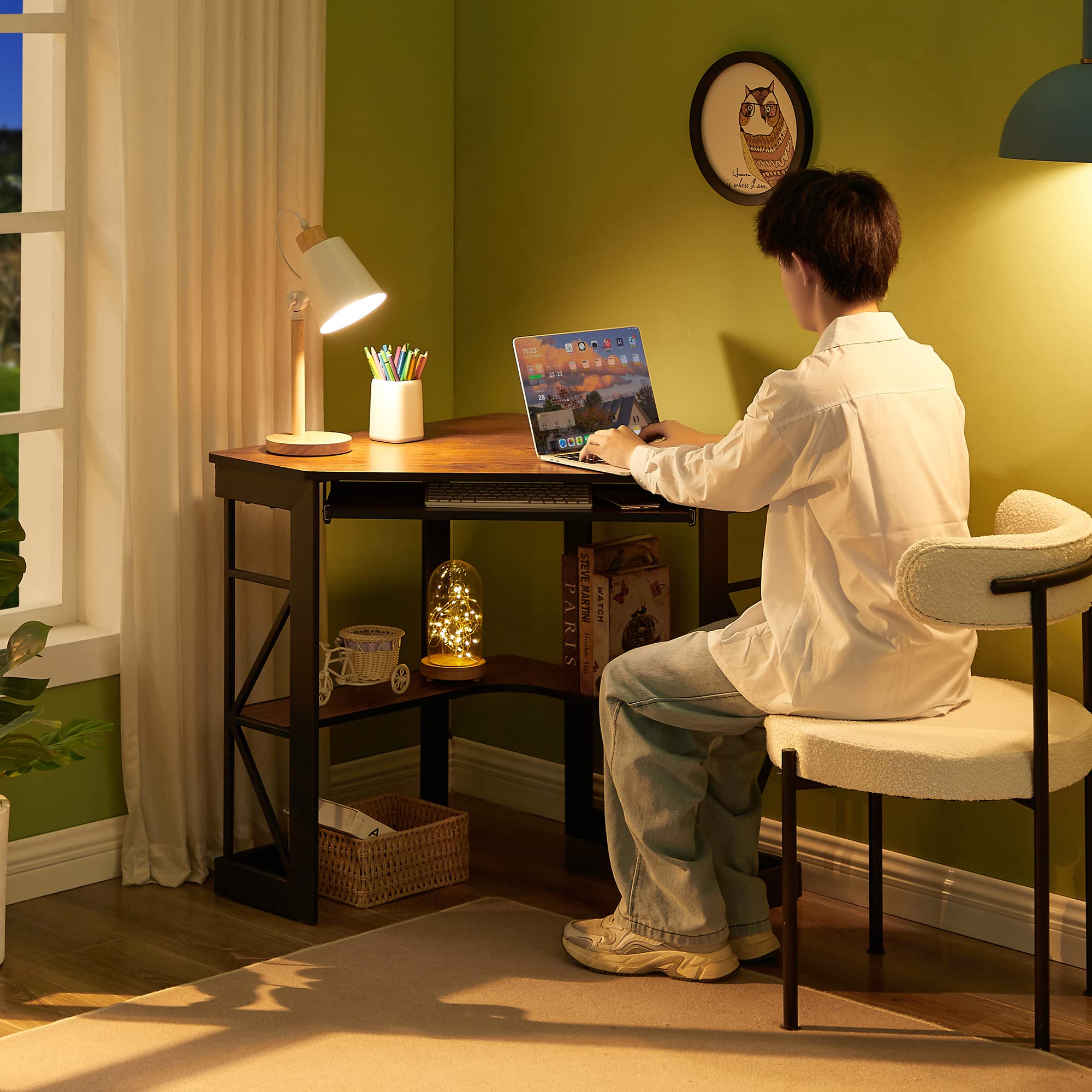 VECELO Compact Corner Desk - Home Office Computer Desk with Smooth Keyboard Tray & Storage Shelves, Space-Saving Triangle Writing Table in Teak Finish | Perfect for Small Spaces, Dorm Rooms & Apartment Workstations