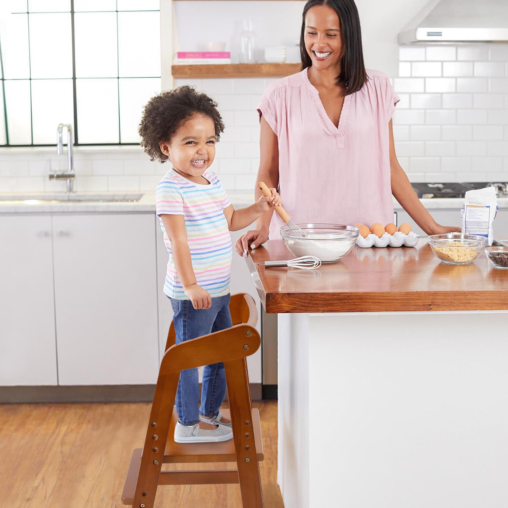Adjustable Wooden High Chair for Toddlers - Convertible Dining & Feeding Chair with Removable Cushion - Grow with Your Child for Mealtime, Study & Play - Nut Brown Baby Step Stool Included - Perfect for Home, Restaurant & Daycare Use