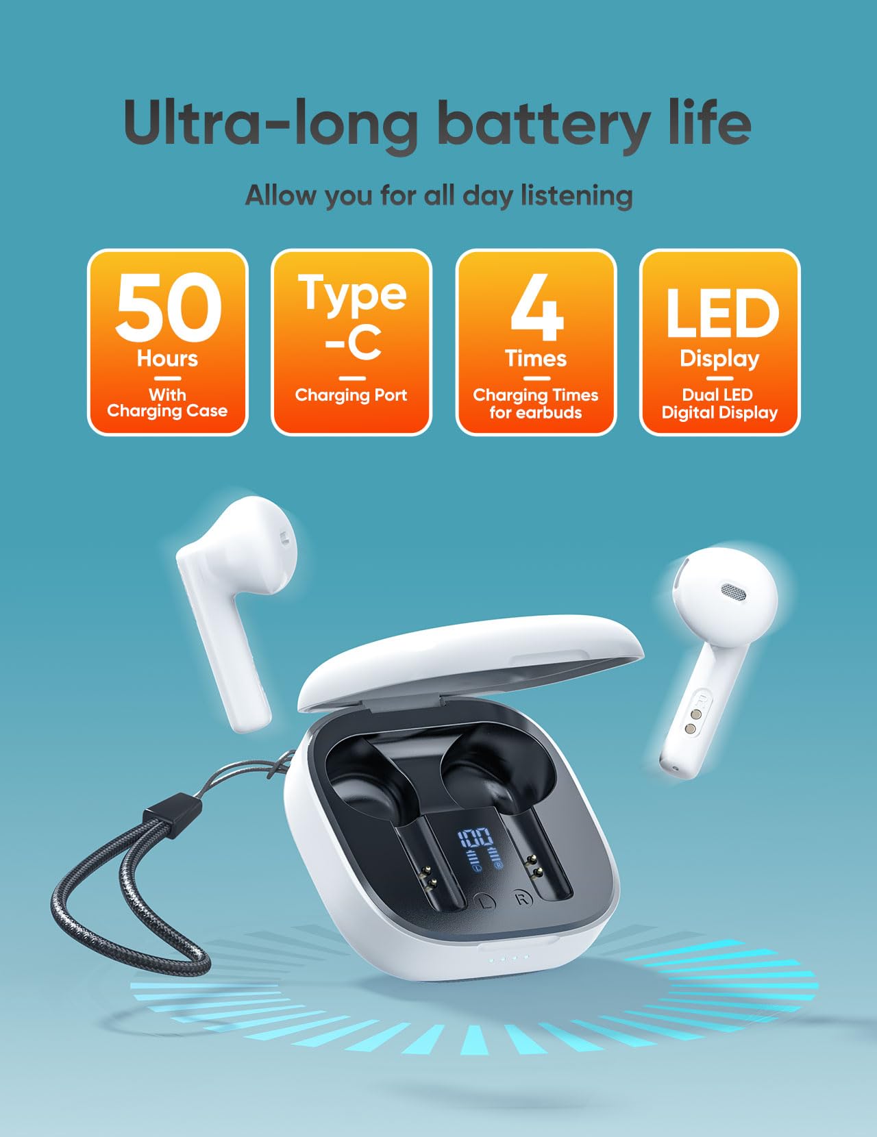 Wireless Earbuds Bluetooth 5.3 Headphones - 50H Playtime, Deep Bass Stereo Sound, LED Power Display, IPX7 Waterproof with Mic - Perfect for Workouts, Commuting & Travel (Compatible with Android/iOS Phones)