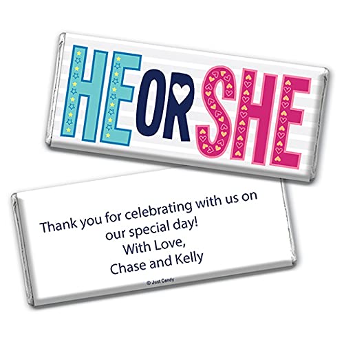 25-Pack Personalized Gender Reveal Party Supplies - Custom Chocolate Bar Wrappers for Baby Shower, Gender Announcement & Celebration (He or She Theme) - Perfect for Baby Showers, Gender Reveal Parties & Special Celebrations