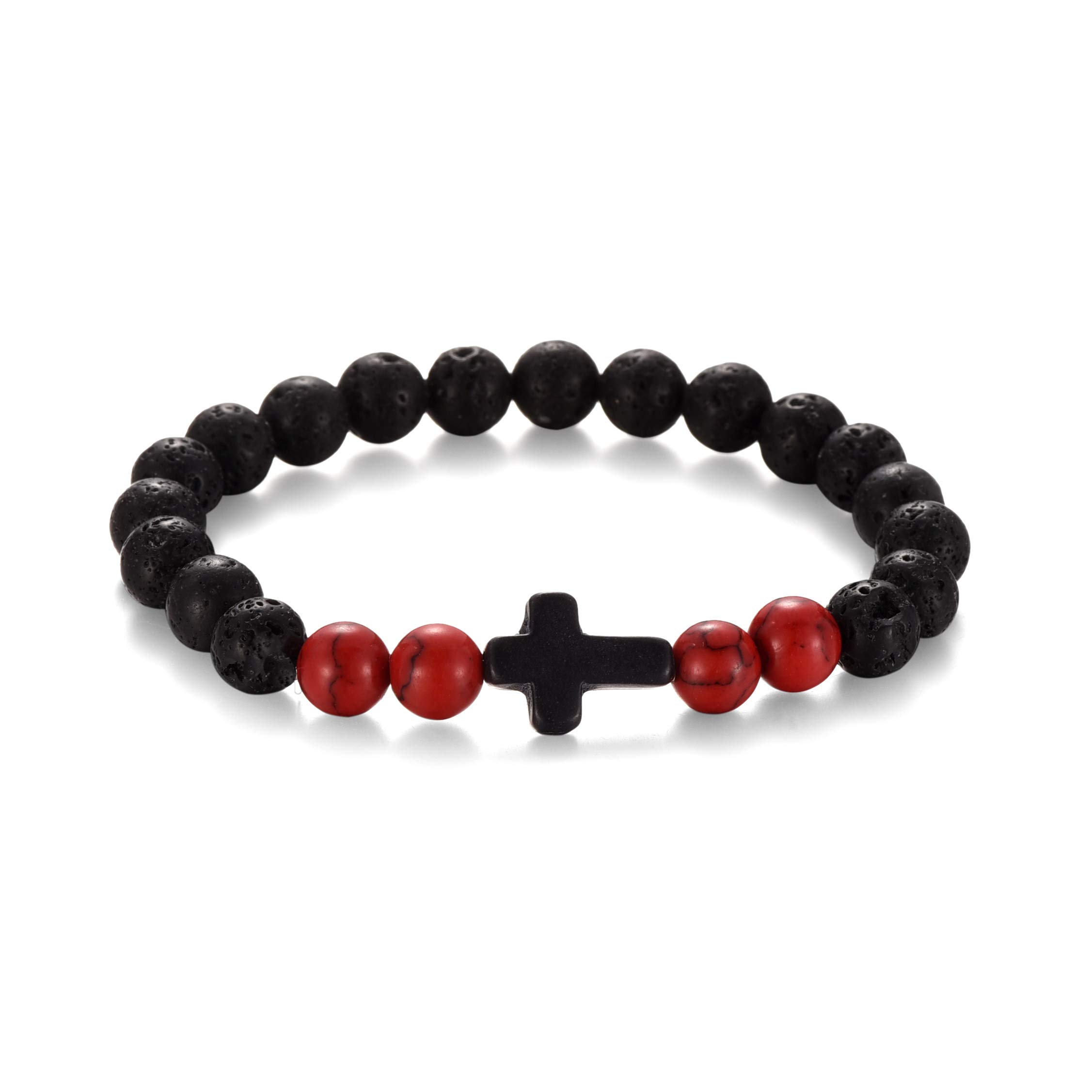 4PCS Cross Beads Stretch Bracelets for Men & Women - 8mm Healing Lava Stone Beaded Bracelet Set (7.5