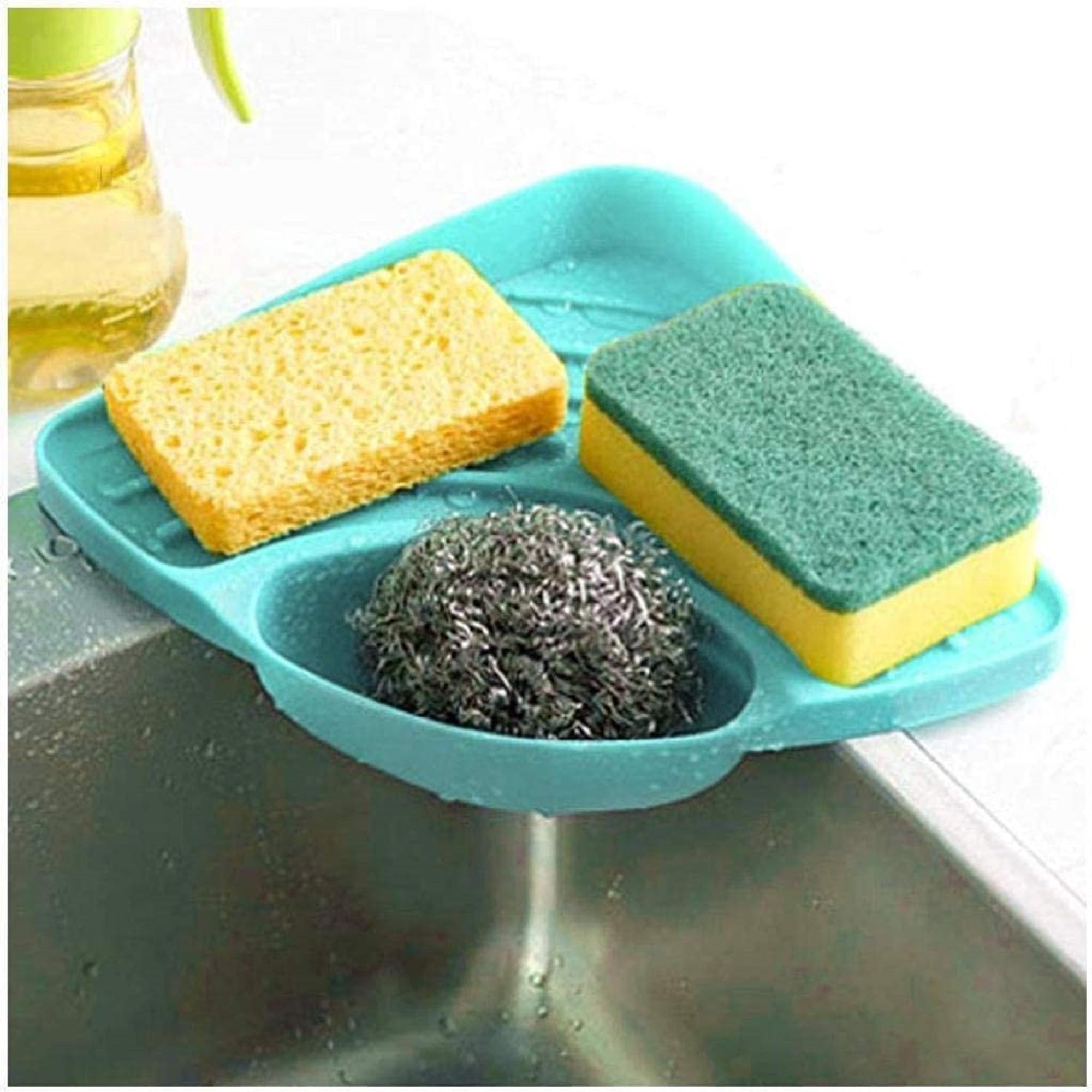 KOMBIUS Plastic Dish Drainer Rack - Multipurpose Kitchen Sink Organizer for Dishes, Utensils & Sponges | Space-Saving Corner Storage | Sky Blue | Perfect for Small Kitchens, Apartments & RV Use