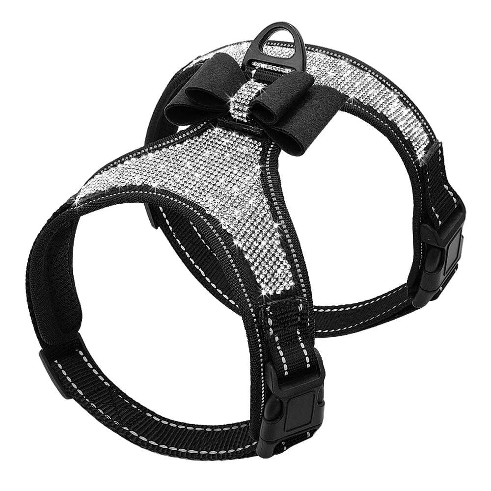Beirui Soft Fleece Padded Dog Harness for Small & Medium Dogs - Sparkly Rhinestone Vest with Bow Tie - Reflective Safety Puppy Harness for Walking, Parties & Outdoor Adventures (Black, Large) - Perfect for Daily Walks, Pet Events & Special Occasions
