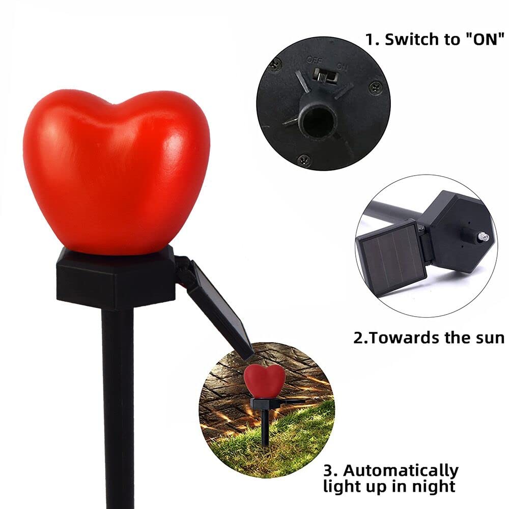 Heart Shaped Solar Pathway Lights - Waterproof Outdoor Garden Stake Lights for Valentine's Day Decor (Set of 1-12) | Perfect for Backyard, Patio, Lawn & Walkway Lighting at Night