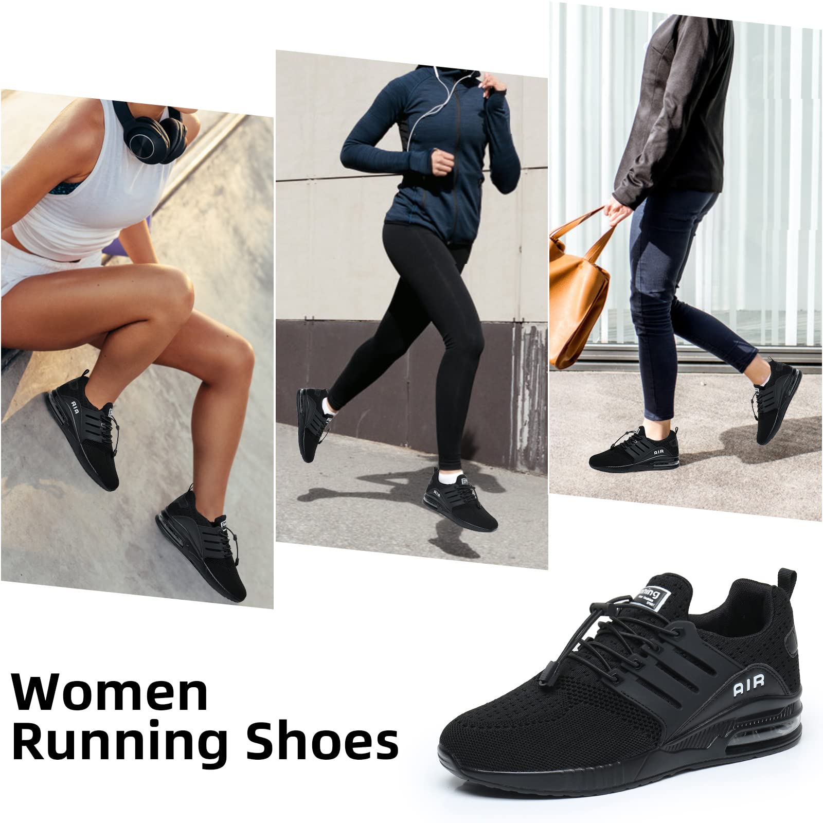 BOGOVER Women's Lightweight Air Running Shoes - Breathable Gym Jogging Tennis Sneakers with Air Cushion, Slip-On No Tie Design (All Black, Size 9) | Perfect for Running, Workouts & Casual Wear