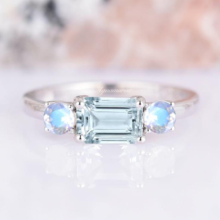 925 Sterling Silver Aquamarine & Moonstone Ring for Women - Elegant Birthstone Jewelry Gift for Wedding, Anniversary & Everyday Wear