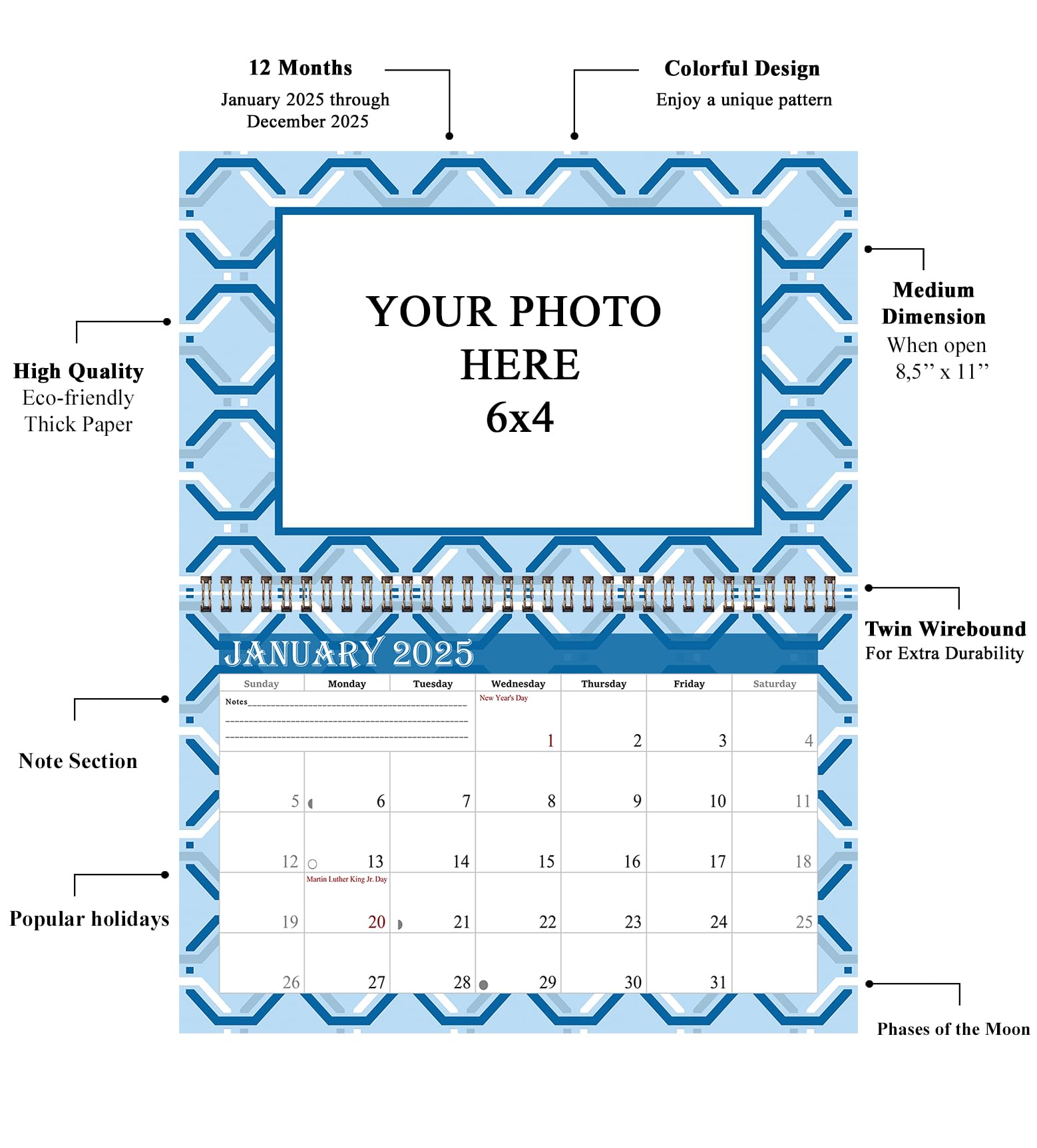 2025 Spiral-Bound Photo Frame Wall Calendar - Customizable 12-Month Desktop & Wall Planner (Geometric Design #004) - Perfect for Home, Office & Gift Giving