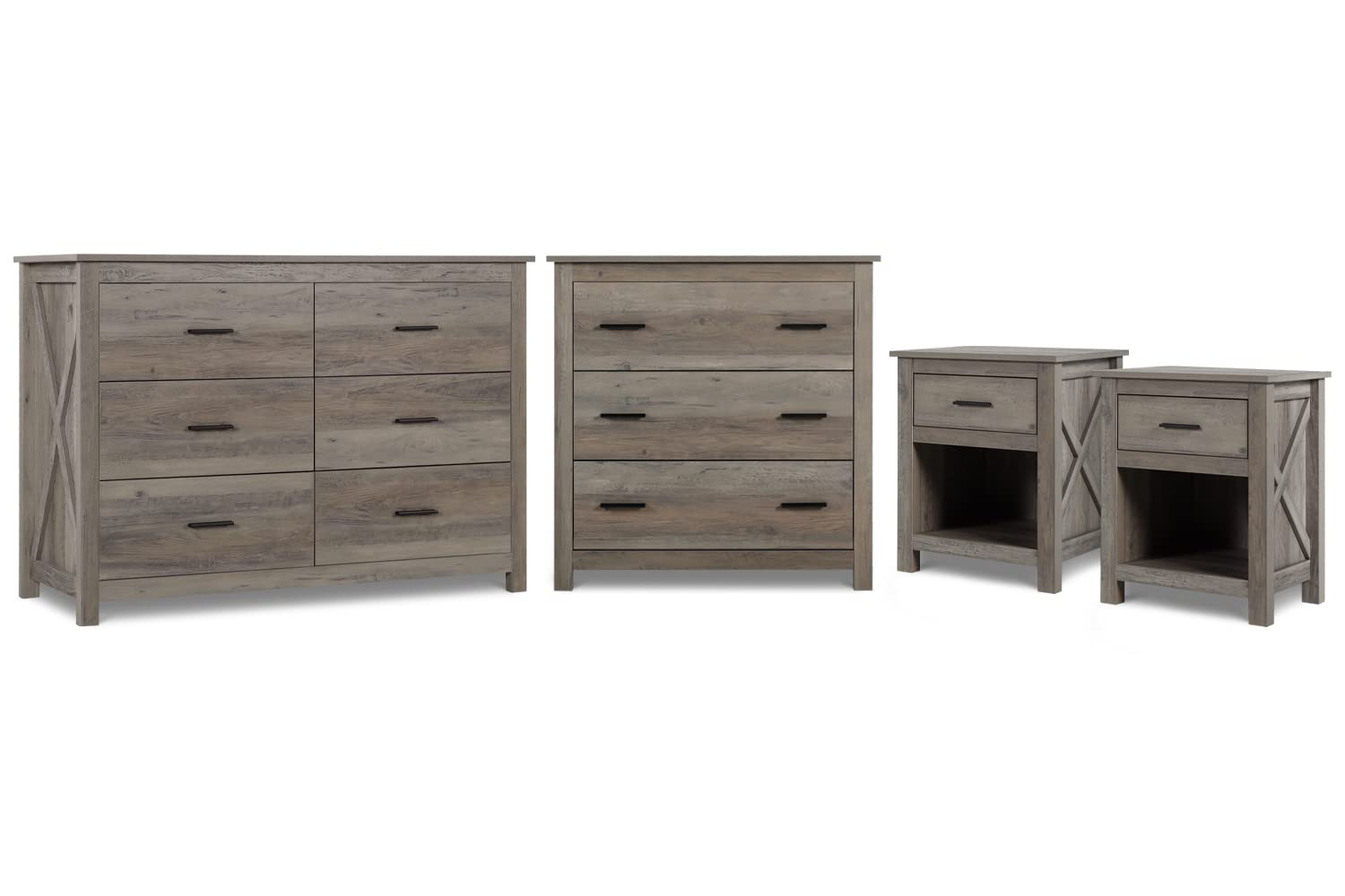 Vikiullf Farmhouse Bedroom Set - 6-Drawer Grey Dresser & 3-Drawer Nightstands, Rustic Wooden Furniture for Cozy Bedroom Decor | Perfect for Master Bedroom, Guest Room & Home Staging