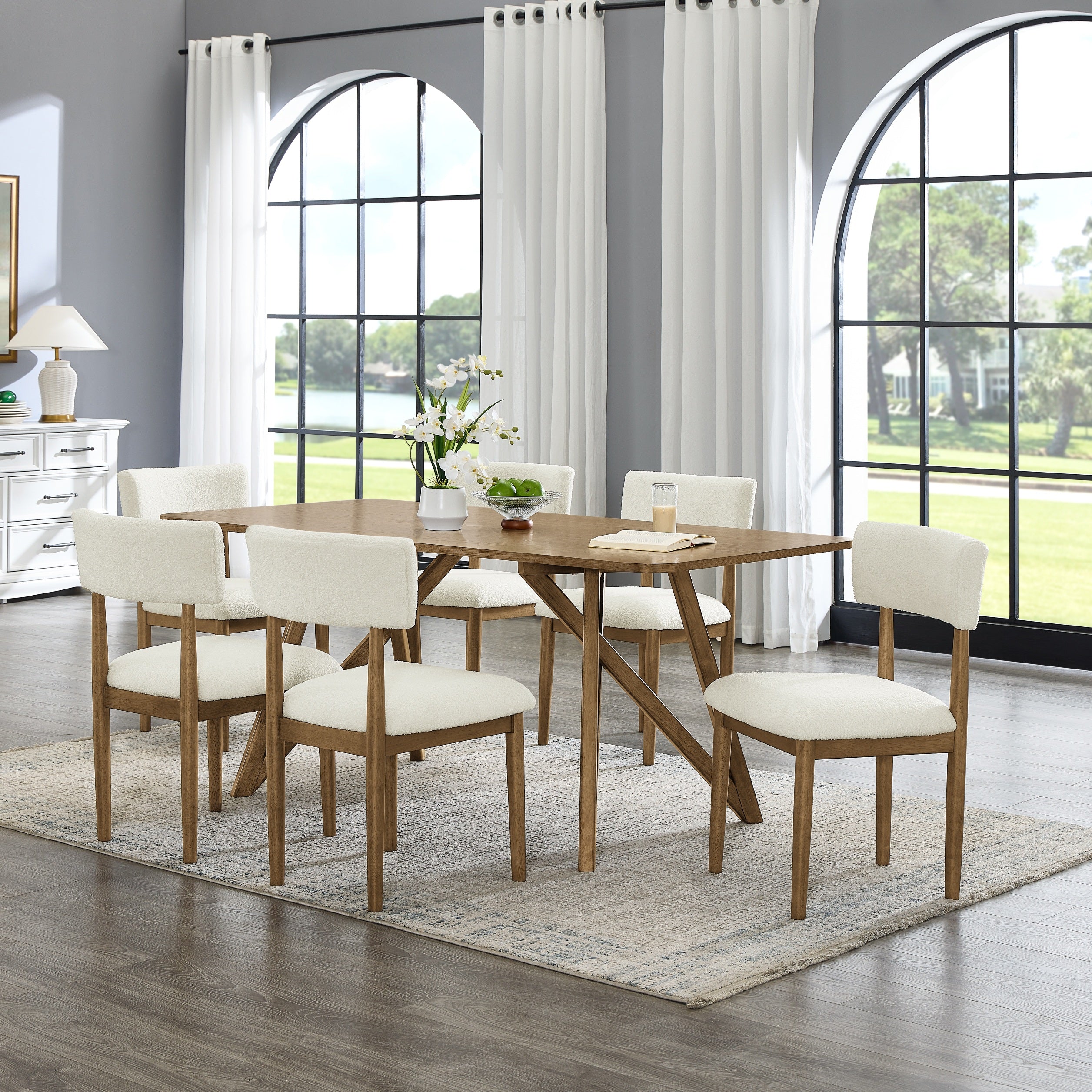 Roundhill Furniture Axler 7-Piece Dining Set - Light Oak Tripod Cross Base Table with 6 Modern Chairs | Perfect for Kitchen, Dining Room & Small Space Gatherings
