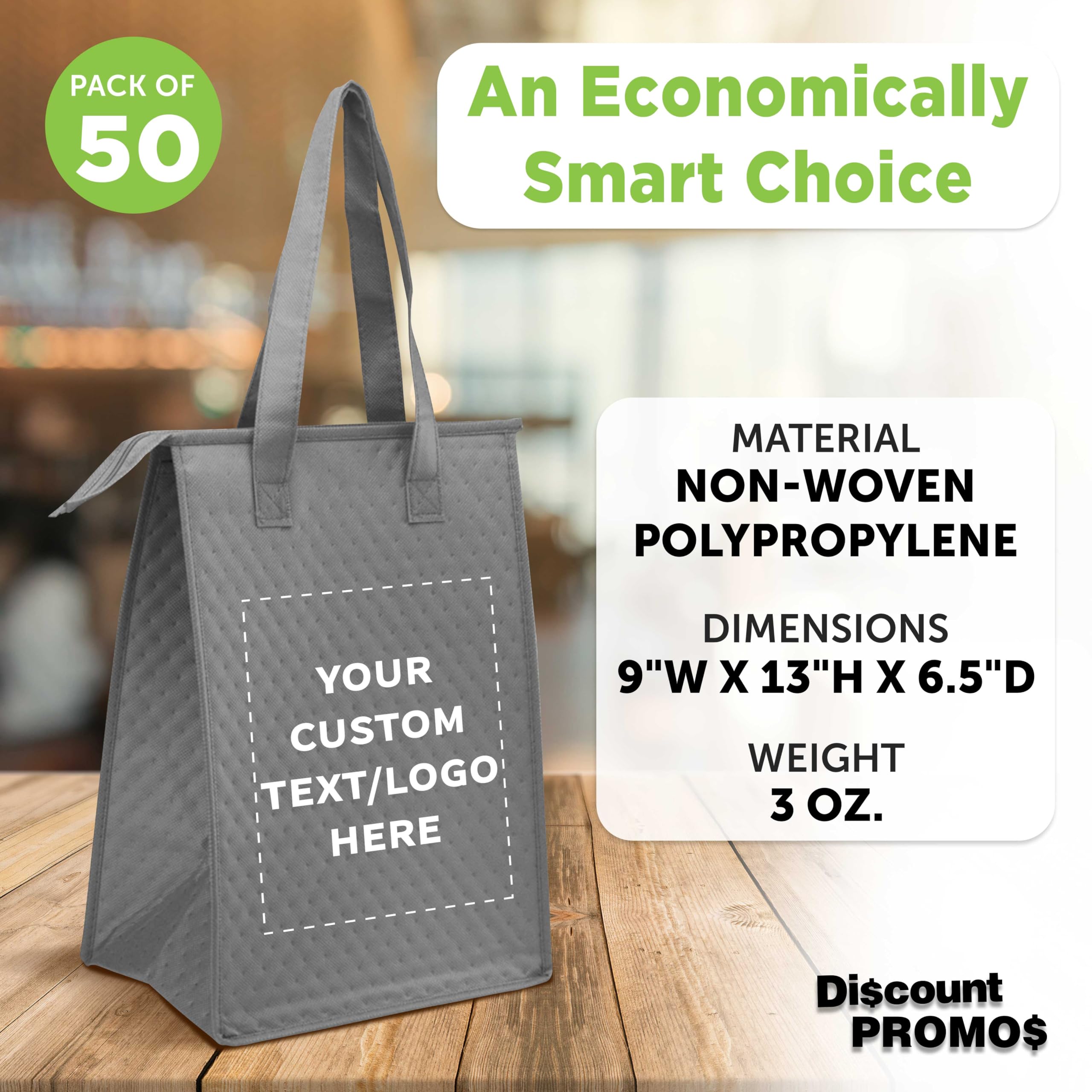 Custom Insulated Lunch Tote Bags with Zipper - Set of 50, Grey, Unisex - Perfect for Office, School & Picnics | Bulk Discount Promos