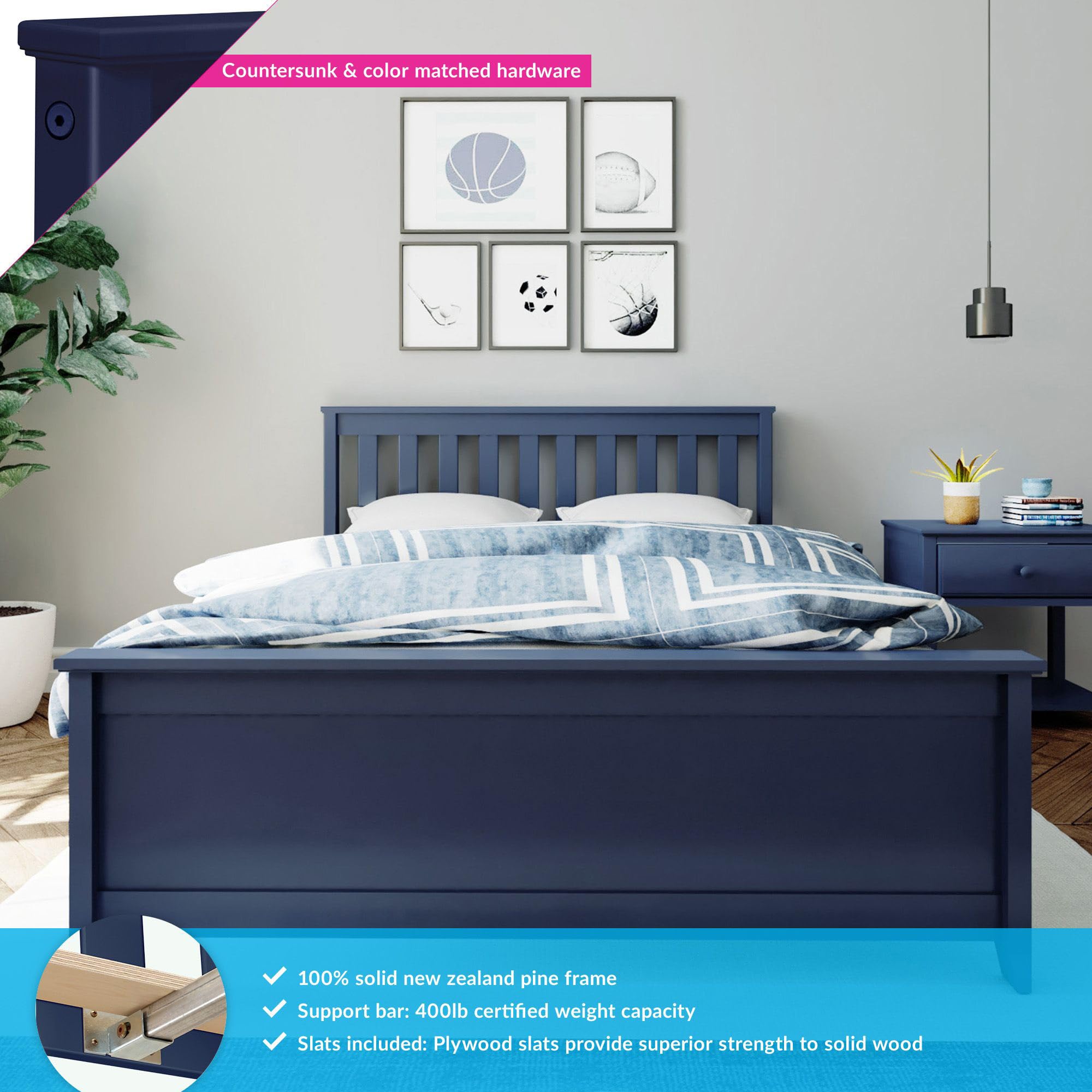 Max & Lily Full Size Wooden Bed Frame with Slatted Headboard - Solid Wood Platform Bed for Kids & Teens - No Box Spring Needed - Easy Assembly - Blue - Perfect for Bedrooms, Dorms & Guest Rooms