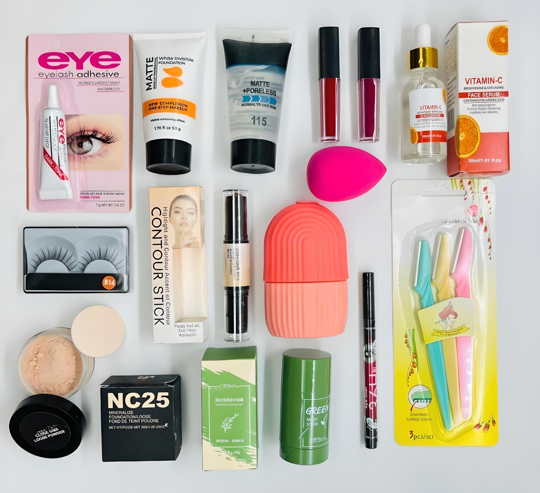 N.Y.N Beauty 14-Piece Makeup Kit with White Foundation, Primer, Facial Ice Roller, Vitamin C Serum, False Eyelashes & Glue, Eyeliner, Loose Powder, Facial Razor, 2-in-1 Contour Stick, Green Clay Mask Stick & 2 Lipsticks - Complete Cosmetic Set for Daily Makeup & Skincare Routine